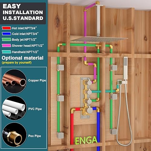 Miniatura 71 de Enga Sistema de ducha termostático doble, grifo de ducha de lluvia doble de montaje en pared de 12 pulgadas + 6 pulgadas, todas las funciones se Oro
