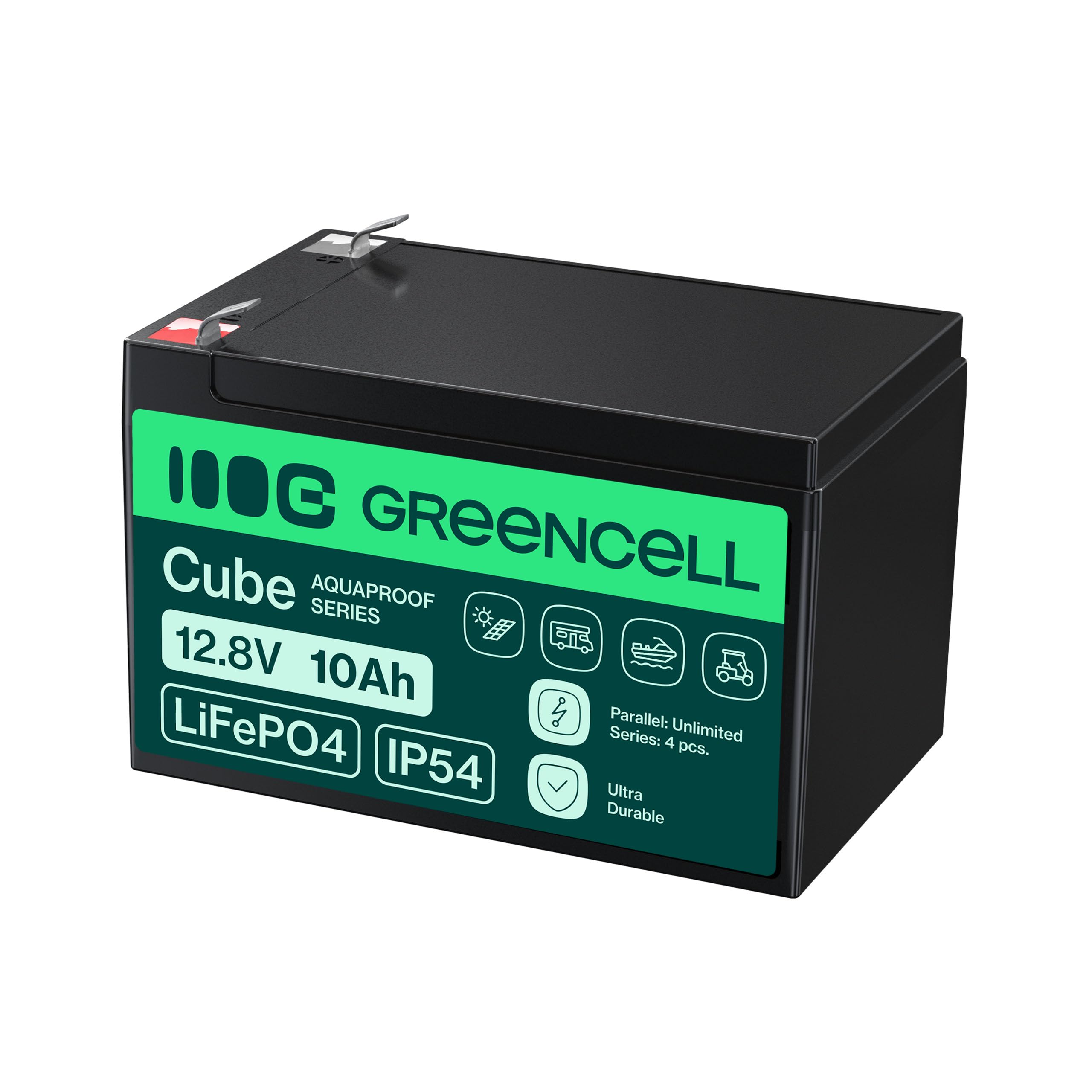Green Cell Batería Cube LiFePO4 10Ah 12,8 V – Batería de fosfato de Litio para autocaravanas, Barcos, Sistemas solares, Sistemas Fuera de Red, con BMS, Ligera y Segura