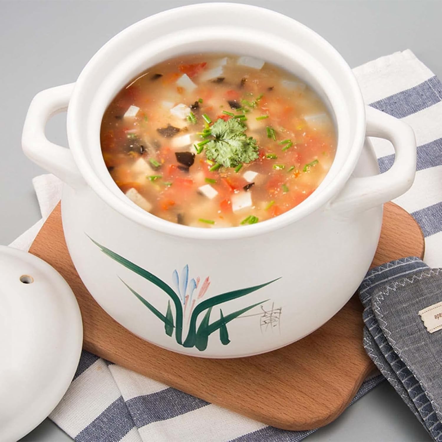 Ceramic Cooking Pot Clay Pot with Lid, Ceramic Casserole Pot with Lid Heat-resistant Shallow Casserole, Earthenware Pot Round Soup Stew Pot for Restaurant Home Kitchen, Dishwasher Safe,2.1L