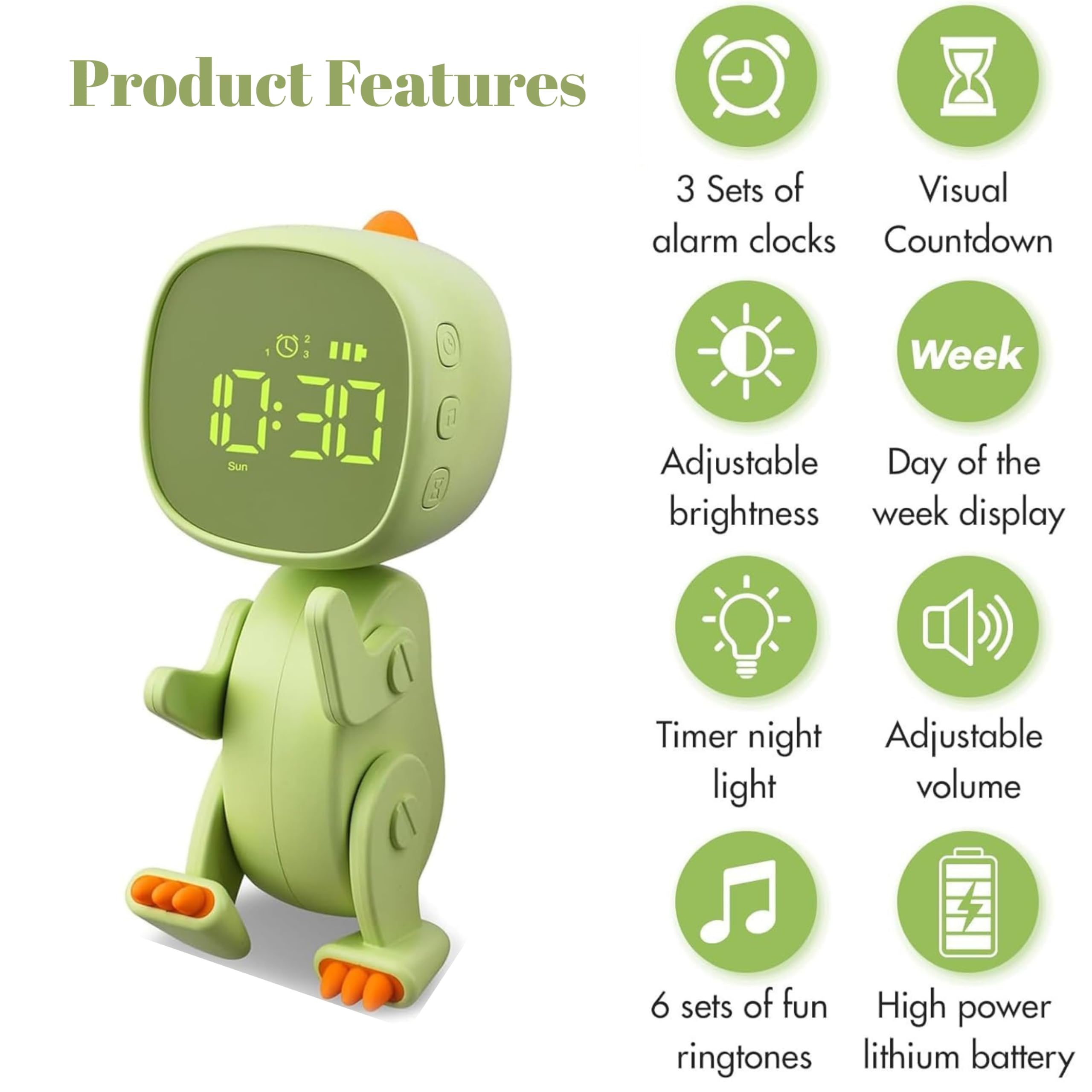 Jholaa Dinosaur Digital Clock | Fun Kids Digital Alarm Clock with LED Display | Dino-Themed Room Decor (Green) - Image 5 thumbnail