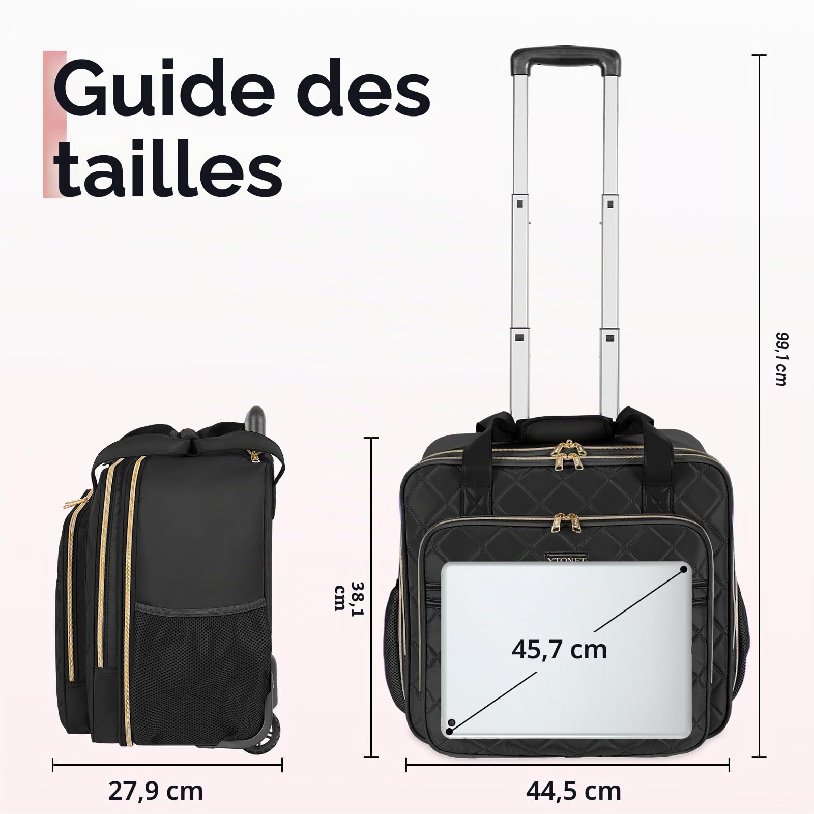 Ytonet Sac a roulettes de Ordinateur Portable Femme, Malette à roulettes pour Femmes 17.3 Pouces, Sac à roulettes pour Enseignantes 10 Poches de Rangement, comme Cadeau pour Mère, Enseignante, Noir