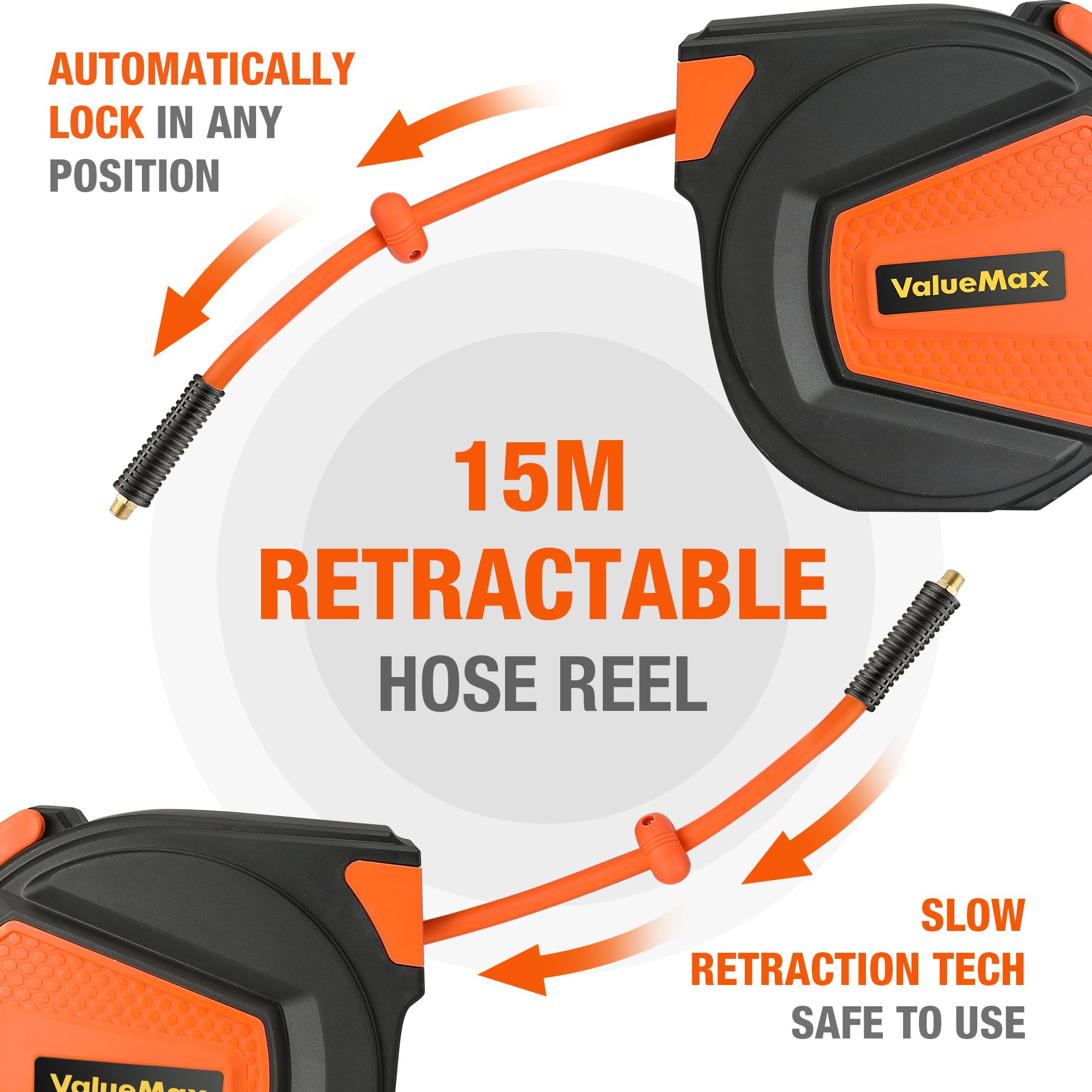 ValueMax Druckluftschlauchtrommel Schlauchtrommel Automatik, Schlauch 15m+1,5m, 1/4" Anschluss, 180° Schenkbar, Schlauchaufroller Einziehbare Luftschlauchtrommel Max. 300 PSI/20 Bar