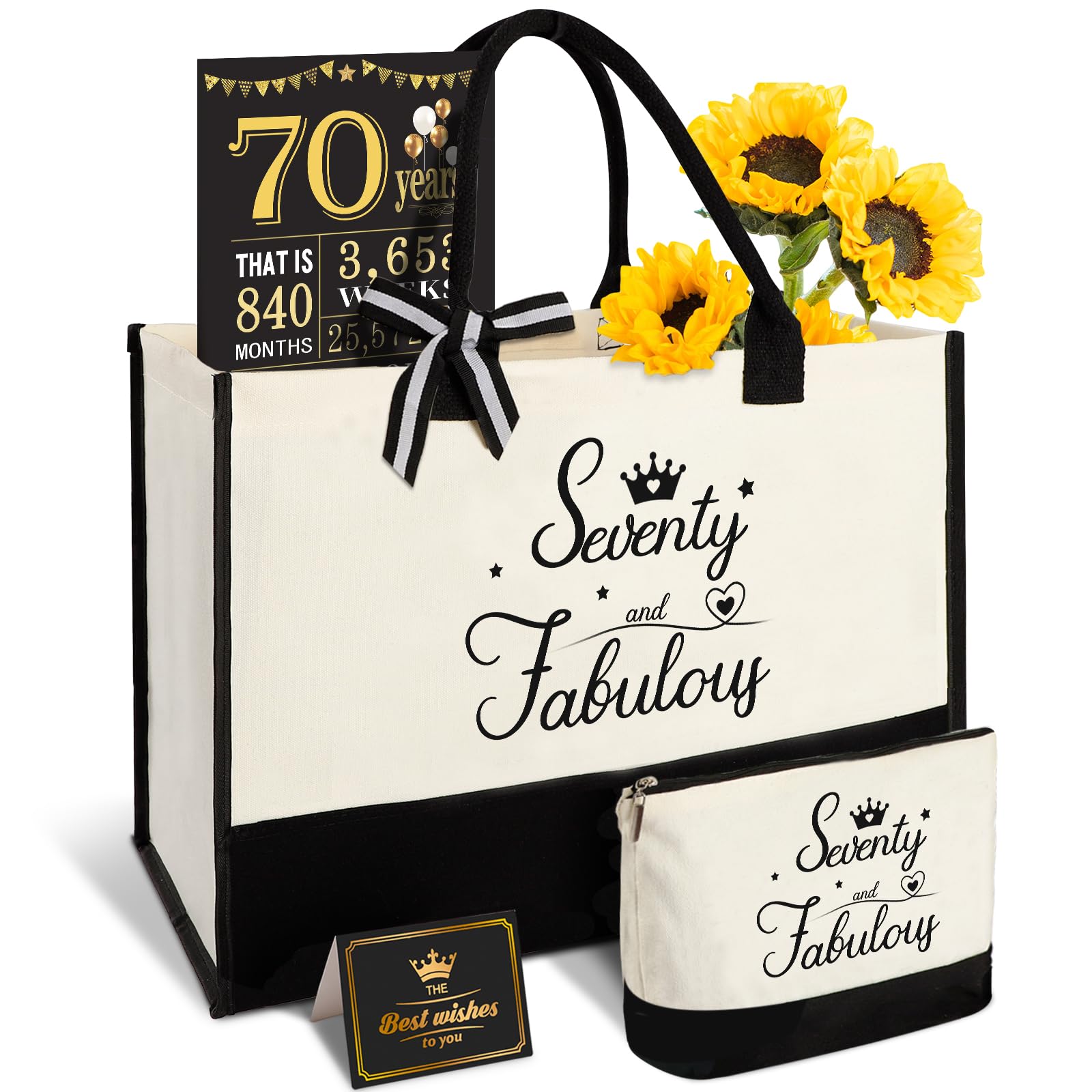Amosking 70th Birthday Gifts for Women 70 and Fabulous Canvas Tote Bag Travel Gear, Unique 70 Years Old Gifts for Wife Sister Mum Aunt Friends Her, Handbag & Cosmetic Bag & 70 Birthday Poster