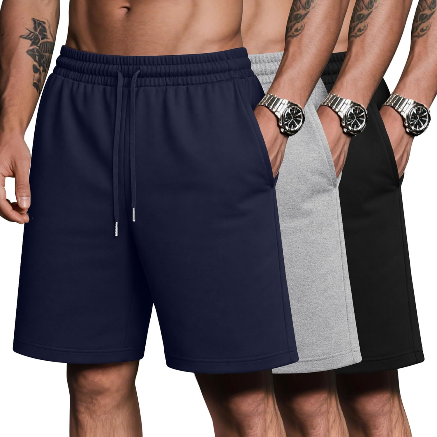 Riyiper 3 Pack Men's Bermuda Athletic Shorts Cotton Casual High Waist Shorts with Pockets Drawstring Knee Length Shorts