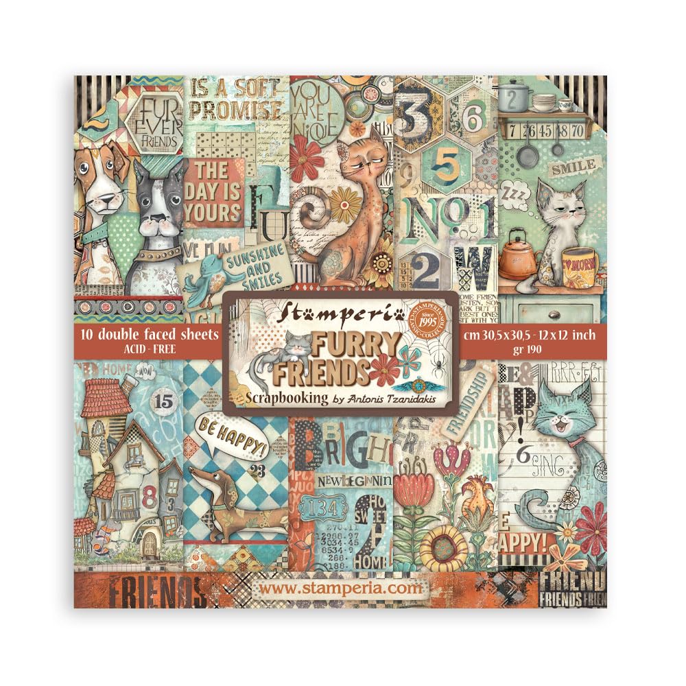 Stamperia - Scrapbook Paper Pad for Scrapbooking, Albums, Card Making, Bullet Journalling and More, Acid Free, Double-Sided, Perfect for Hobbies, Crafts, and Gifting (Furry Friends) (30.5 x 30.5 cm)