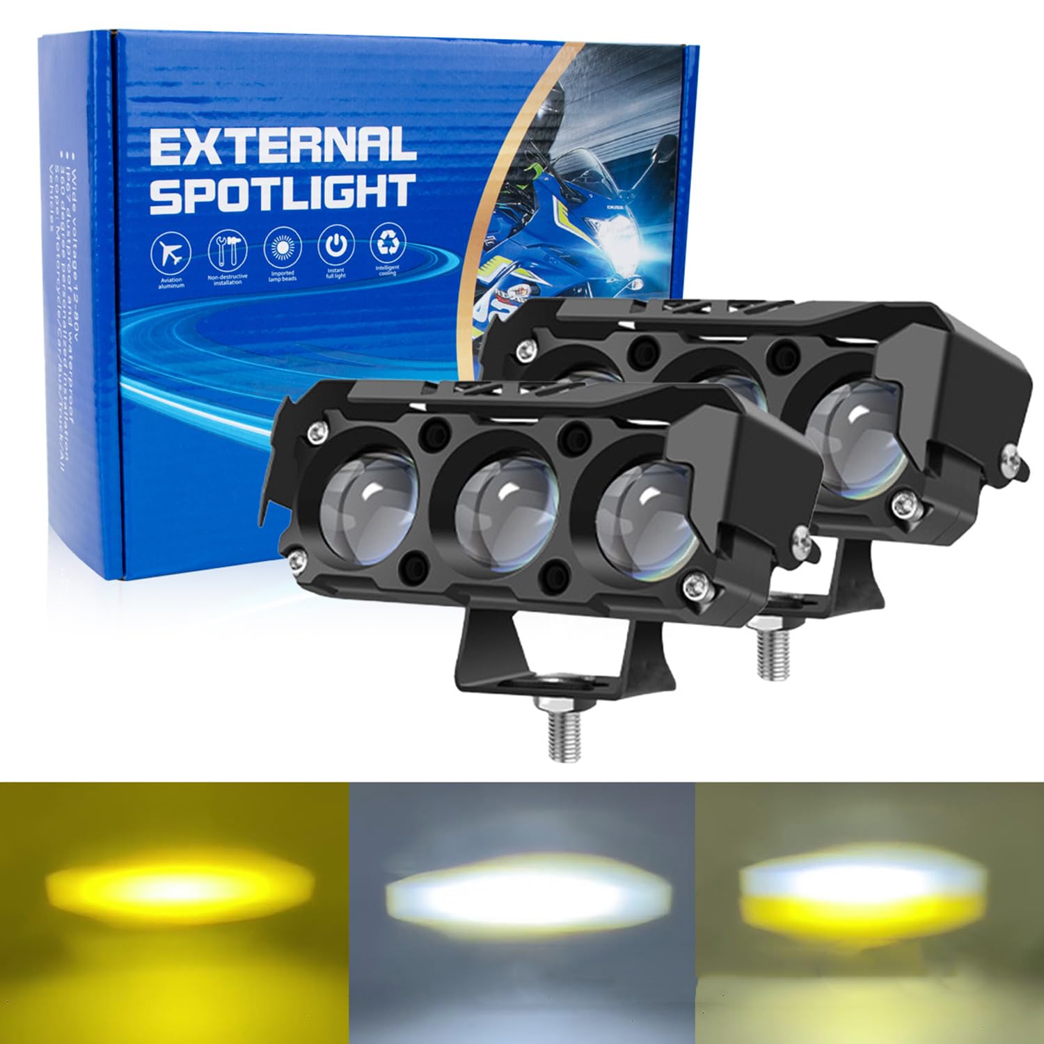 2 Peças de Farol Milha LED para Motocicleta Névoa Duas Cores Branco Âmbar Faróis Trabalho