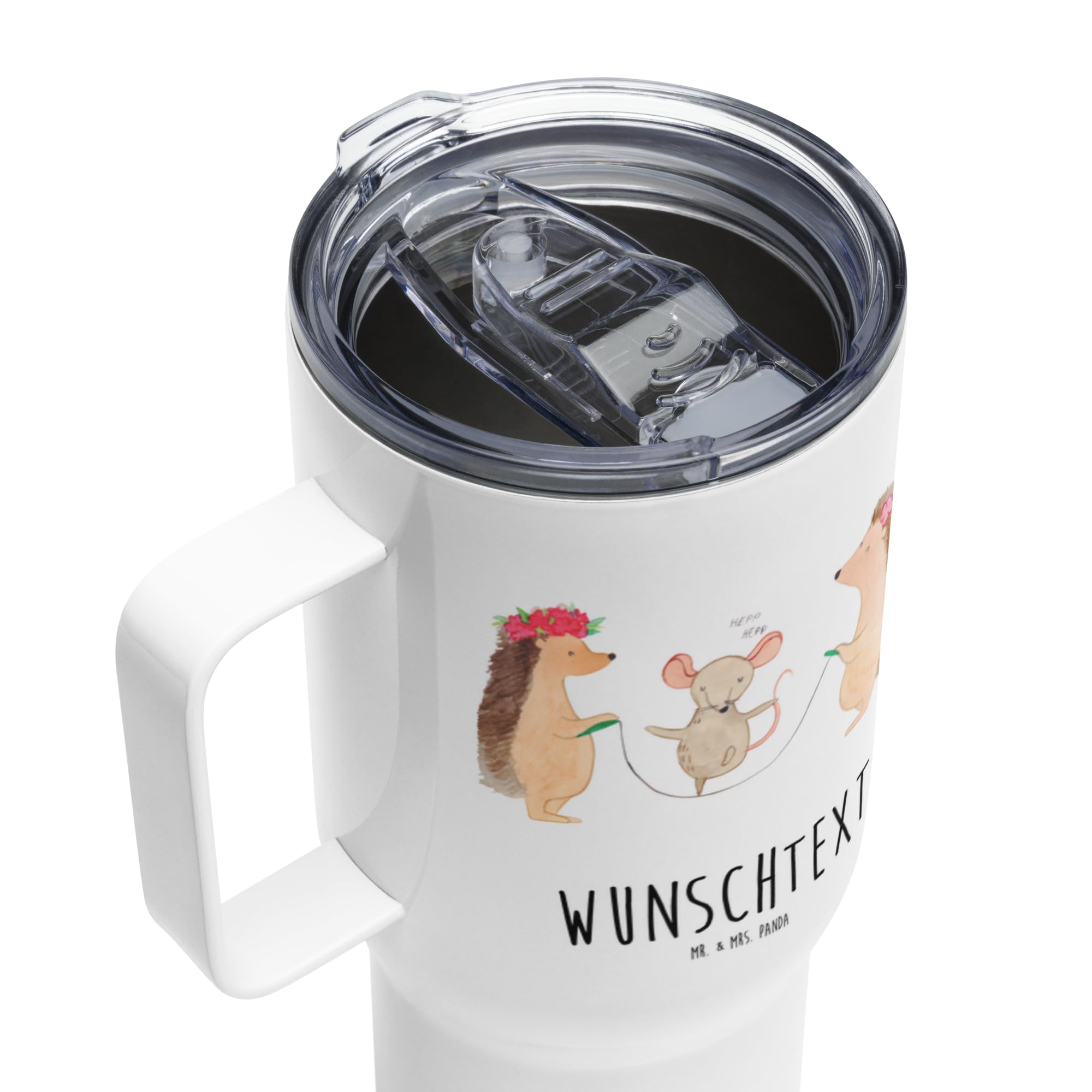 Mr. & Mrs. Panda Personalisierter XXL Thermobecher Igel Seilhüpfen - Personalisierte Geschenke, Reisebecher, PersonalisierteXL Reisetasse, Gute Laune, Maus, Kinder, Seilspringen, Kindergarten, XL