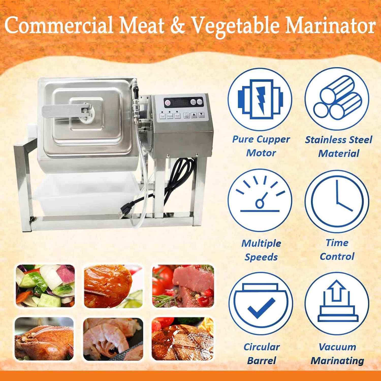 110V 15L Vacuum Pump Meat Tumbler Marinator, 80W Stainless Steel Circular Barrel for Meat, Vegetables, Chicken, 360° Rotation, Automatic Timer, Fast Flavor Infusion