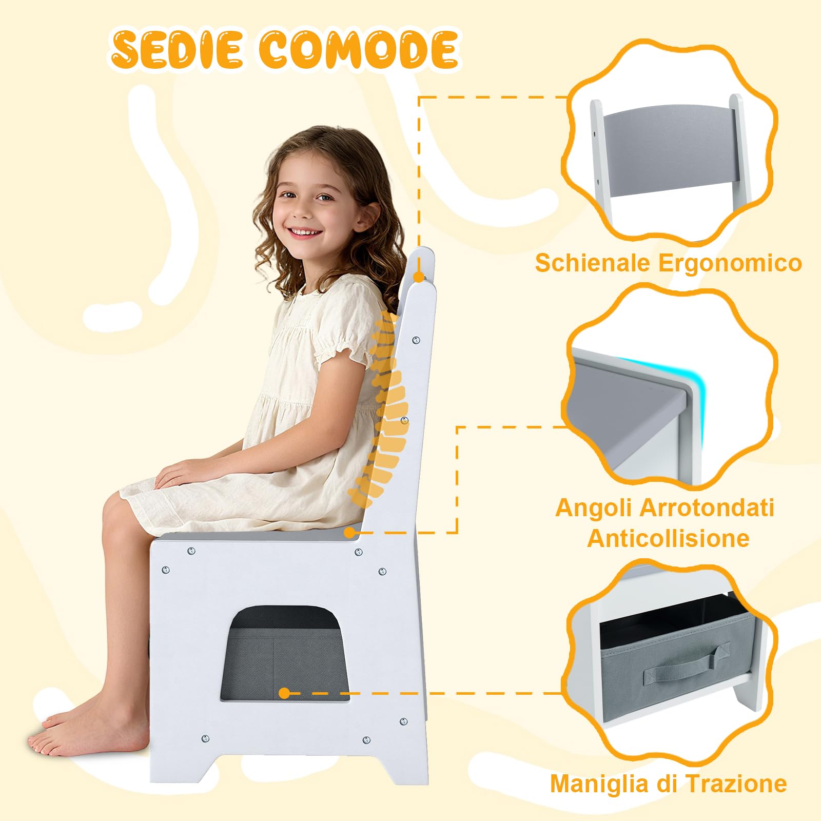 RELAX4LIFE 4 in 1 Tavolino e Sedie per Bambini, Tavolo con Piano Bifacciale Rimovibile e 2 Librerie Laterali, Sedia con Schienale Ergonomico e Cassetto, per Bambini 3+ Anni (Grigio)