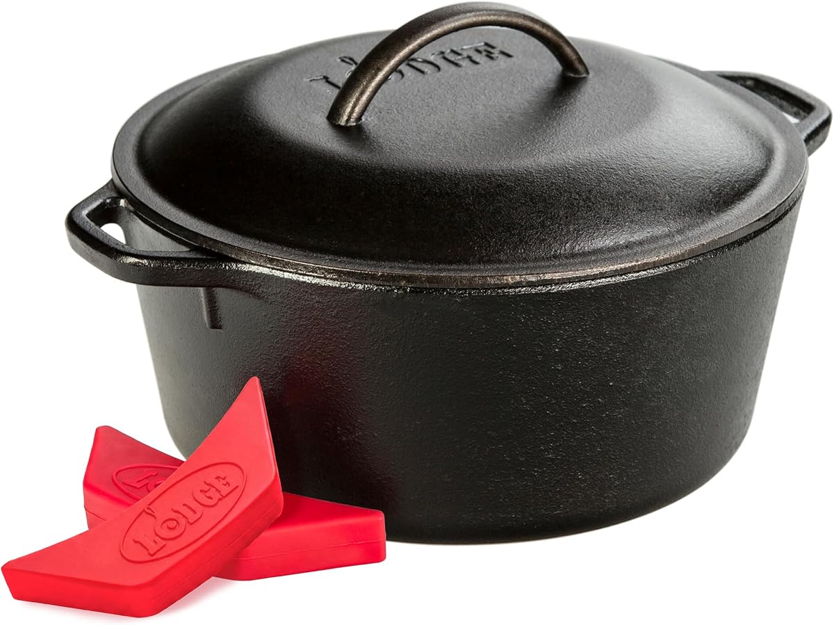 Lodge Horno holandés de hierro fundido de 5 cuartos - Recipiente para cocinar con asa circular - Retención uniforme del calor - Olla versátil y apta para horno - Soportes para asas incluidos