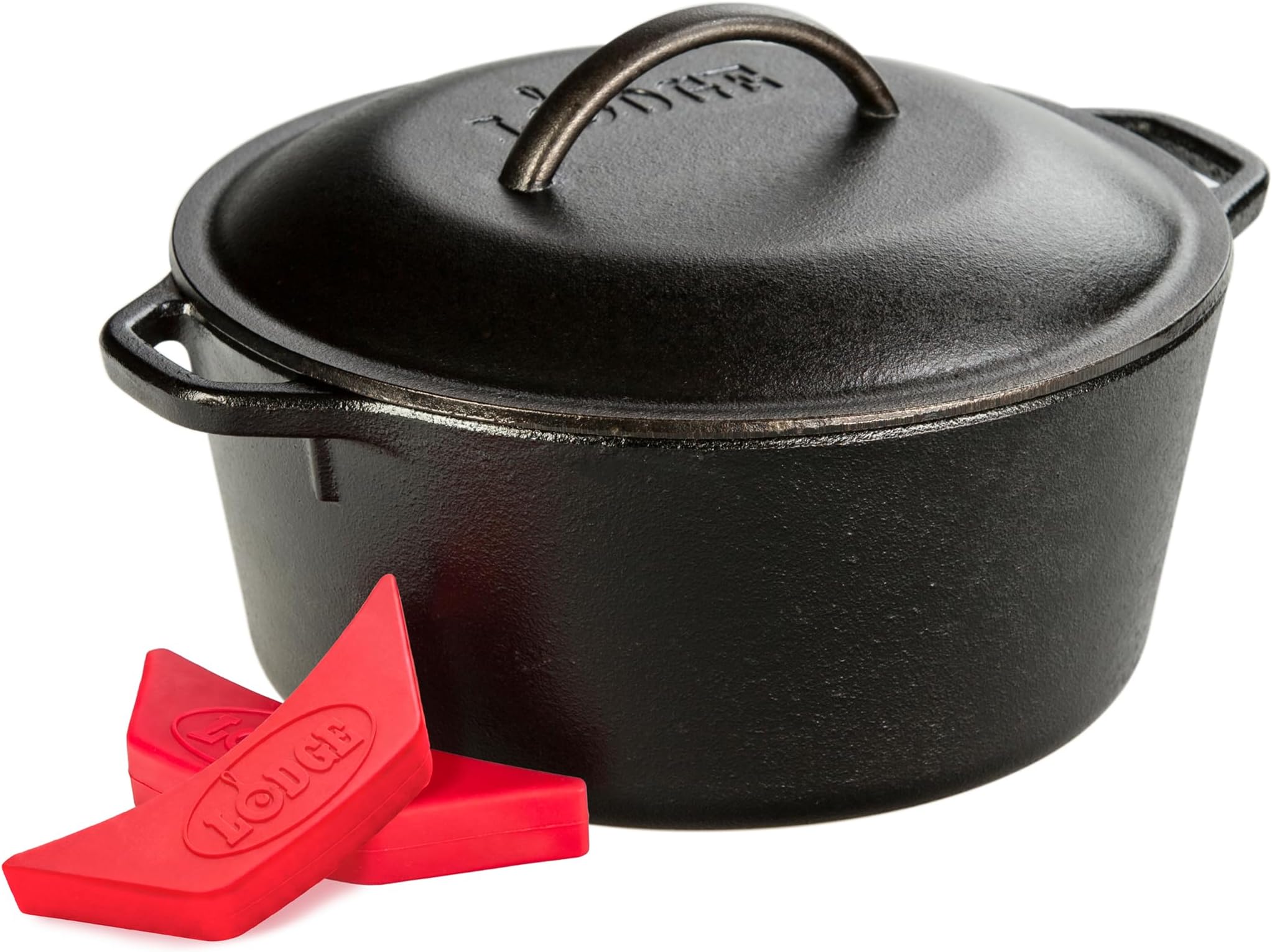 L8DOL3HH41PLT, Cast Iron Dutch Oven with Handle Holders, 5-Quart, Black/Red