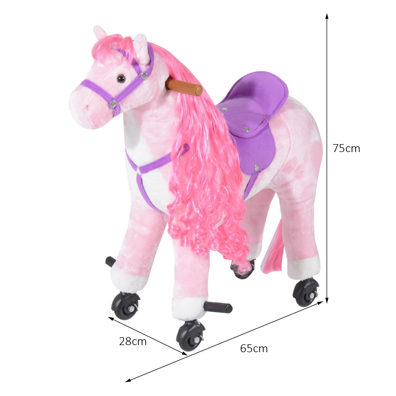 HOMCOM Caballo balancín para niños mayores de 3 años con 4 ruedas y sonidos realistas, Caballo balancín acolchado para niños con reposapiés, 65x28x75 cm, rosa
