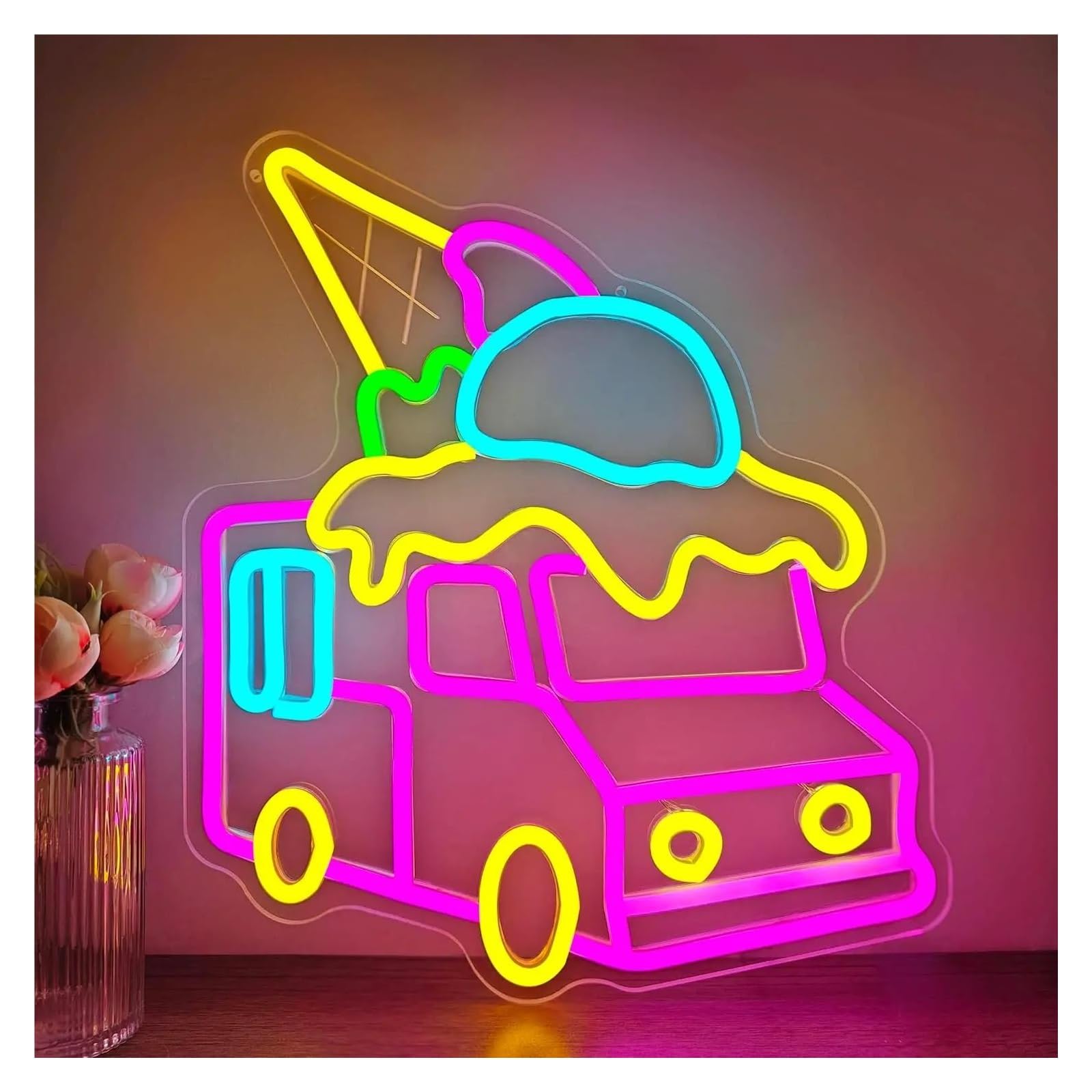 XENITE Hanging Art Neon Signs Ice Cream Truck Neon Sign LED Light Dimmable USB Powered for Bar Sweet Shop Business Signboard Display Billboard Decor 12.32inx14.01in
