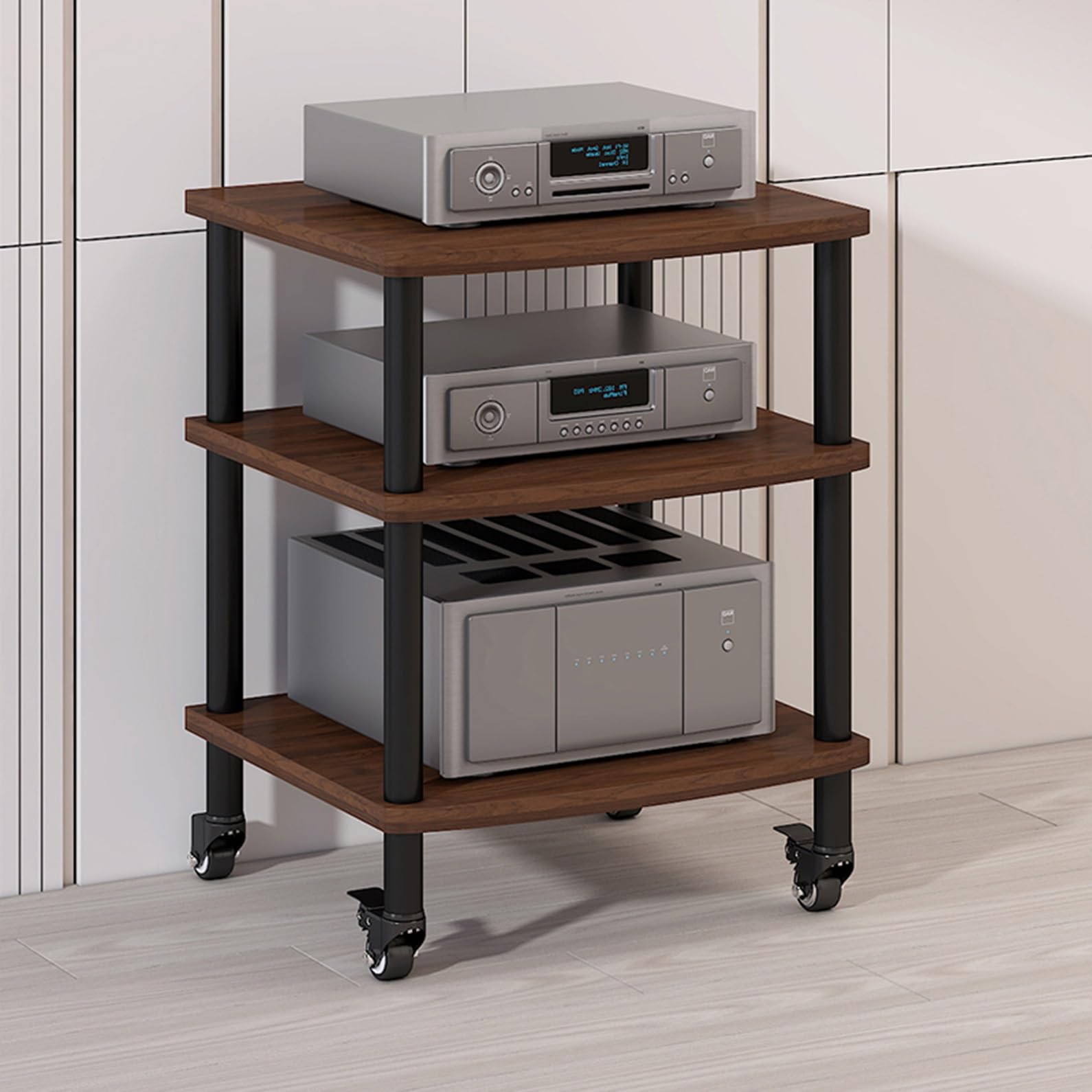 CWCQGH Tall Audio Video Media Stand with Universal Wheels Modern Floor Standing Audio Rack for Living Room Gaming and Recording Studio Entertainment Tower,Dark Walnut-60x54x72.5cm
