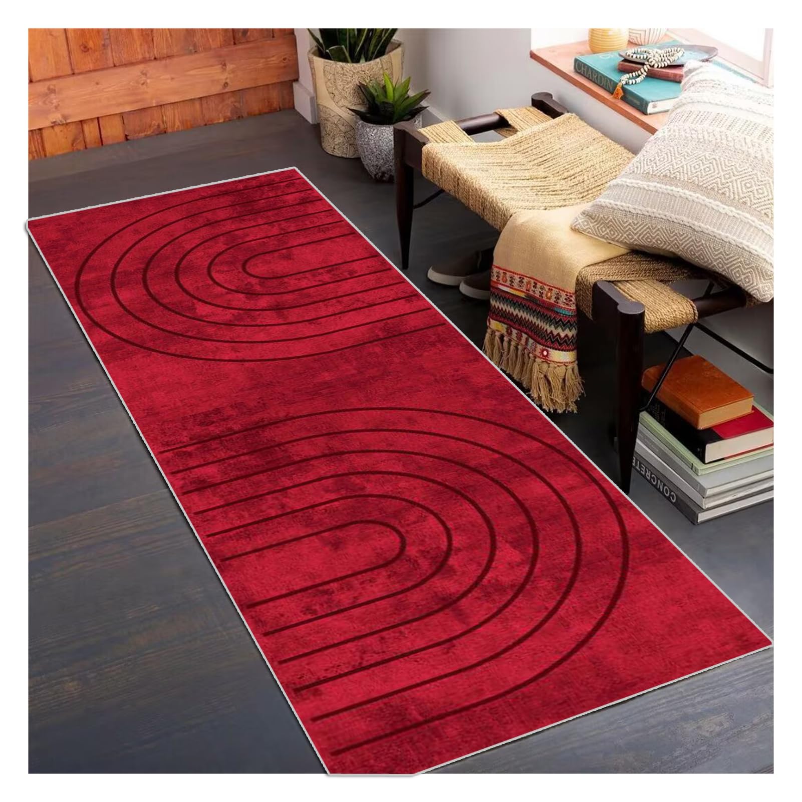 Rosso Tappeto Passatoia Corridoio Cucina Lavabile Antiscivolo, Tappeto Runner Moderno per Salotto, Camera da Letto, Ingresso Interno,80X450CM, personalizzabile, al metro
