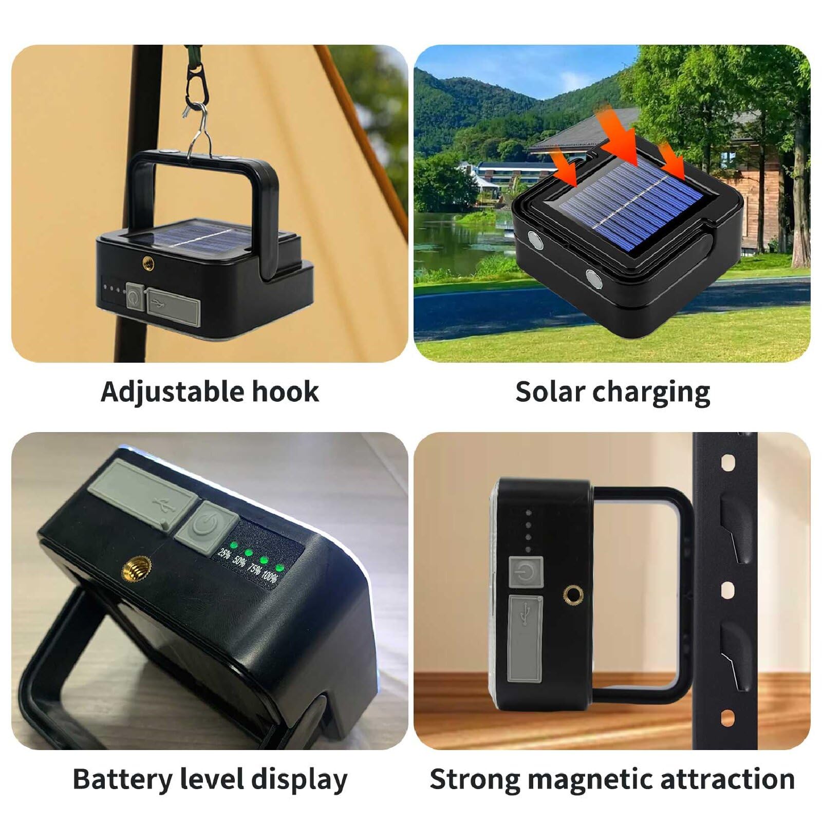 1 luz LED portátil para camping, carga solar, luz recargable por USB, negro, 500 lúmenes, impermeable, estilo moderno, uso al aire libre