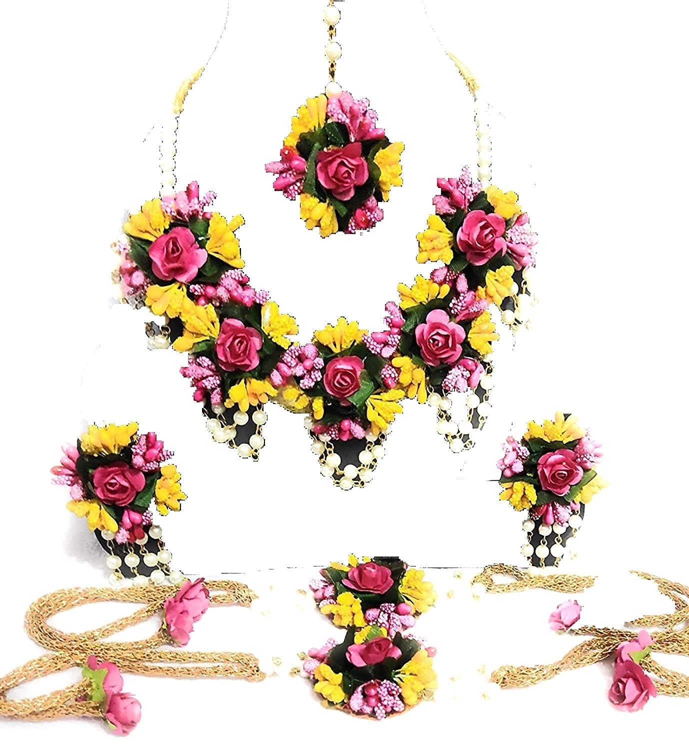 12seasons Latest Flower Jewellery Designer Yellow Pink Jwellery Set for Women & Girls (Mehandi/Haldi/Bridal/Baby Shower/Marriage/Wedding) (pink and yellow)… (B09GNW9DHM) Amazon Price History, Amazon Price Tracker