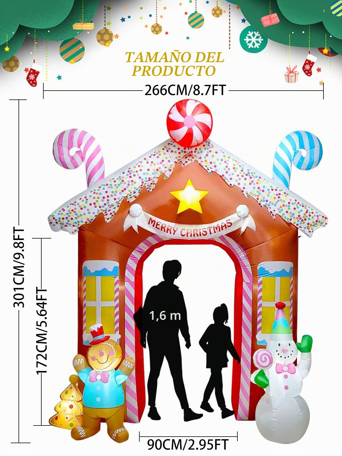 9.8 pies Arco Inflable Navideño, Kalolary Arco Inflable Navideño con Muñeco Nieve y Hombre Jengibre Decoración Interior Al Aire Libre Navidad para el Hogar, Vacaciones, Patio, Césped, Jardín, Fiestas
