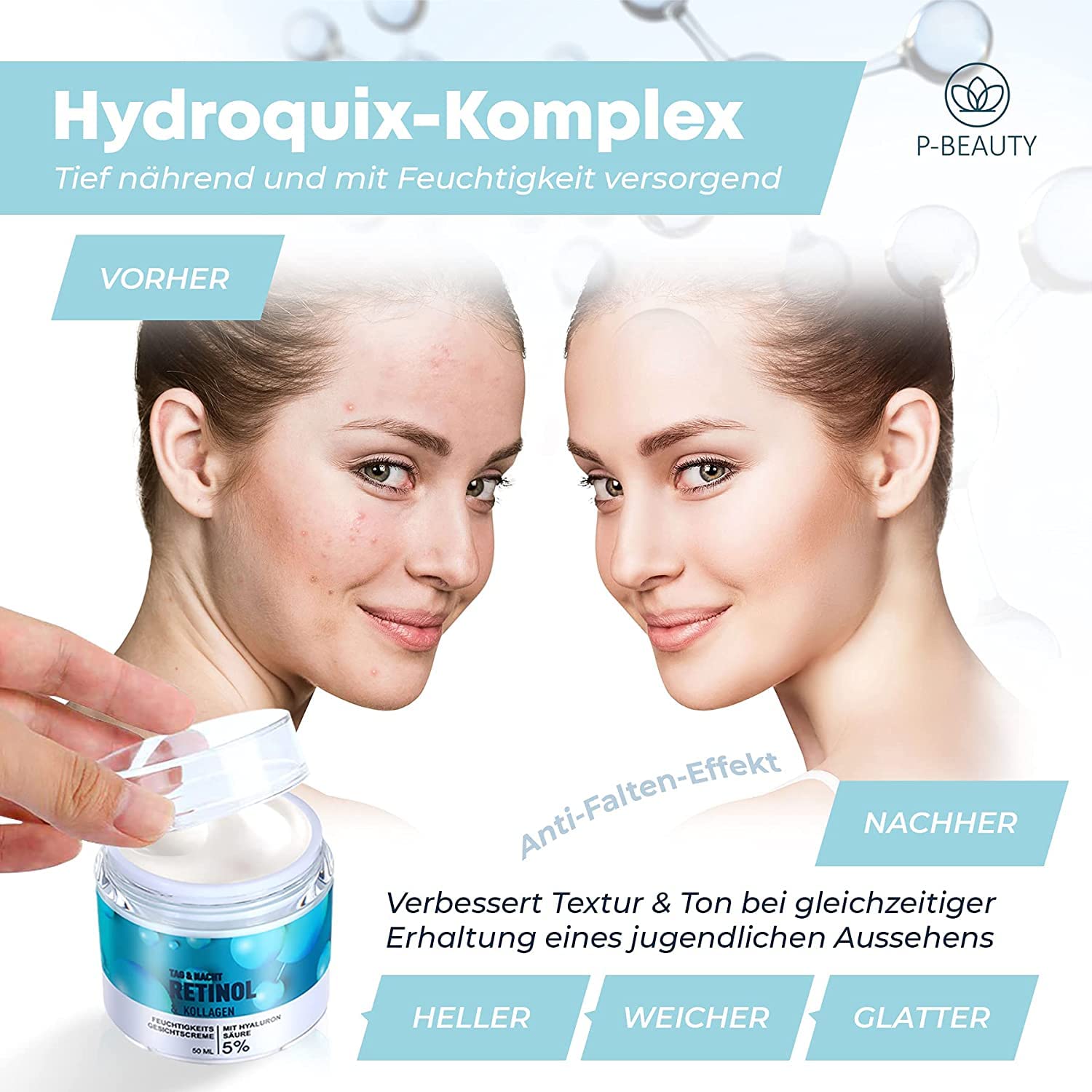 Crema al retinolo | 5% retinolo idratante Anti rughe Crema giorno notte con acido ialuronico | collagene, aloe vera + vitamine | vincitore del test 2022 P-Beauty | 50 ml | Made in Germany (3 pezzi)