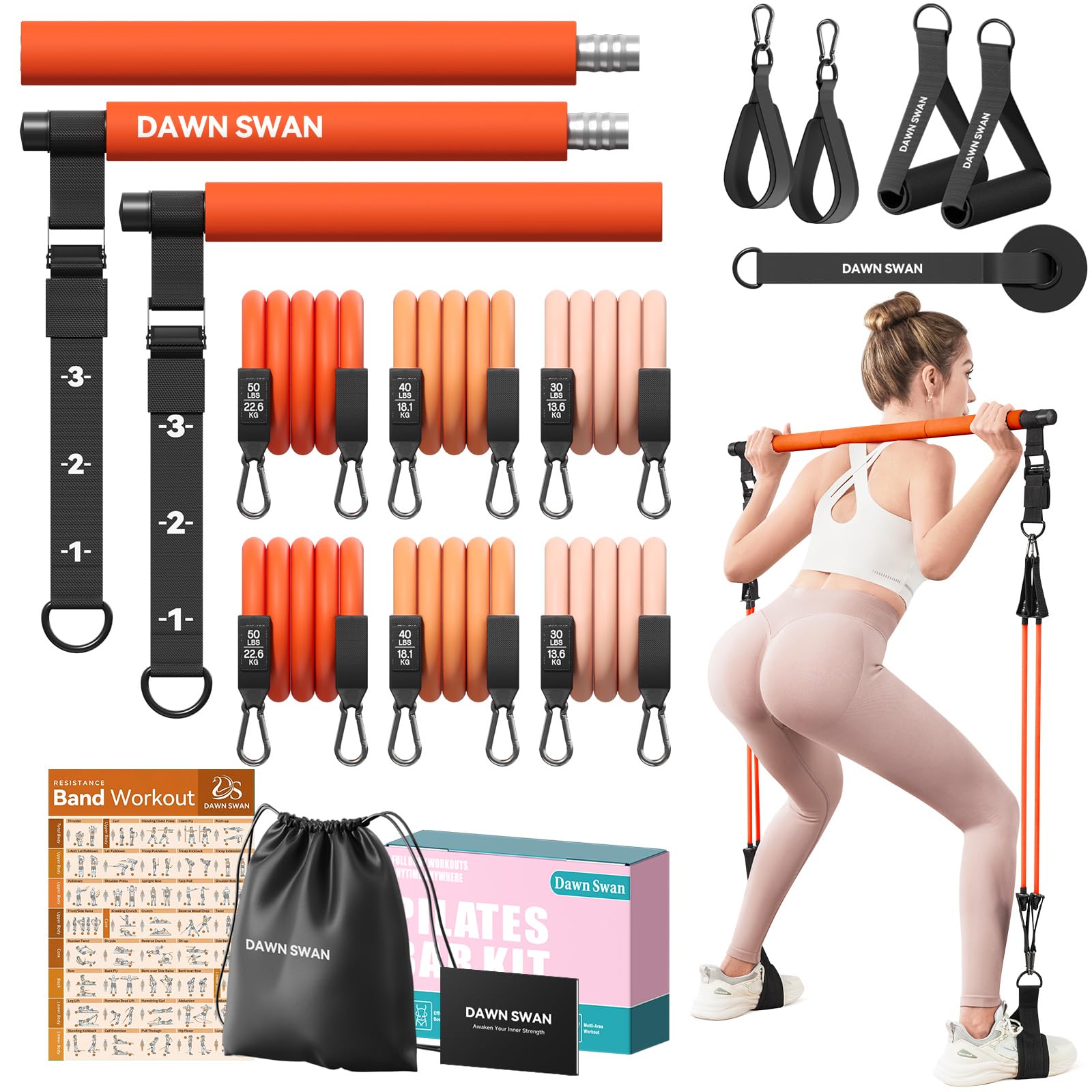 [DAWN SWAN] Pilates Bar Kit with Resistance Bands – Adjustable Home Gym Workout Equipment for Women & Men – Portable Pilates Equipment for Squats, Yoga & Full Body Toning (Orange)
