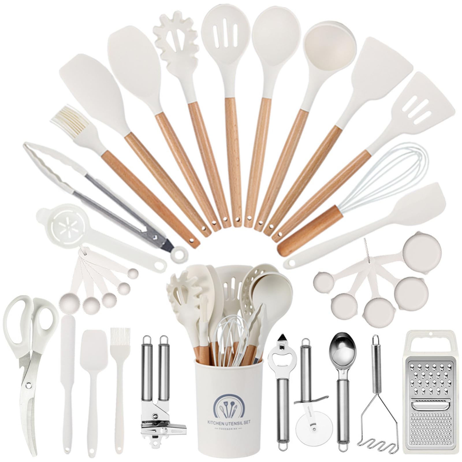 34 Stück Silikon Kochutensilien Kochbesteck Set,Küchenhelfer Set,Hitzebeständiger Kochgeschirr mit Utensilienhalter, Antihaft Kochset Küchenutensilien mit Holzgriff,Tongs,Whisk,Spatula (Beige)