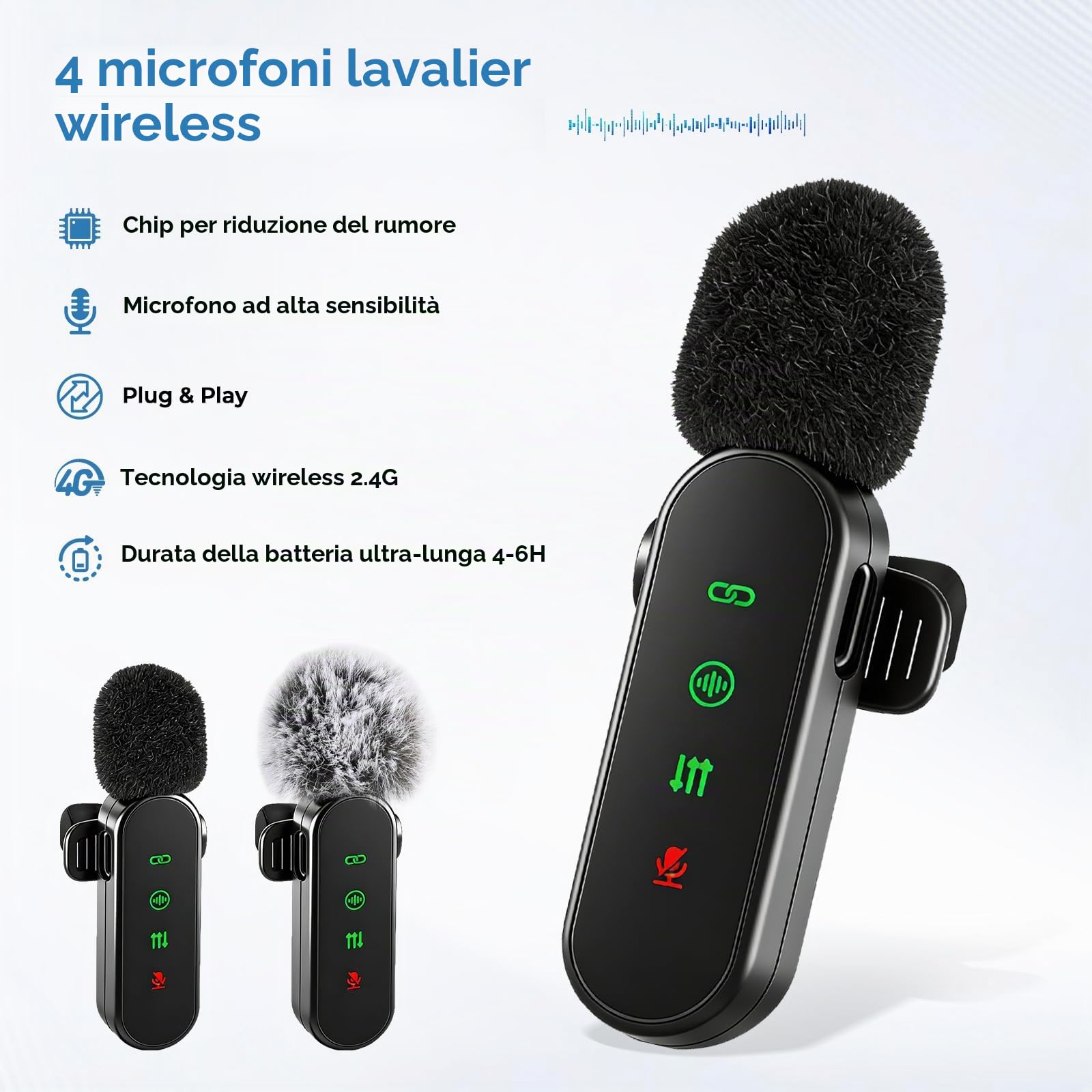 Microfoni Lavalier wireless con display a LED, confezione da 4 microfoni Lavalier con clip per accoppiamento automatico, mini microfono con riduzione del rumore per registrazione video Vlogging TikTok