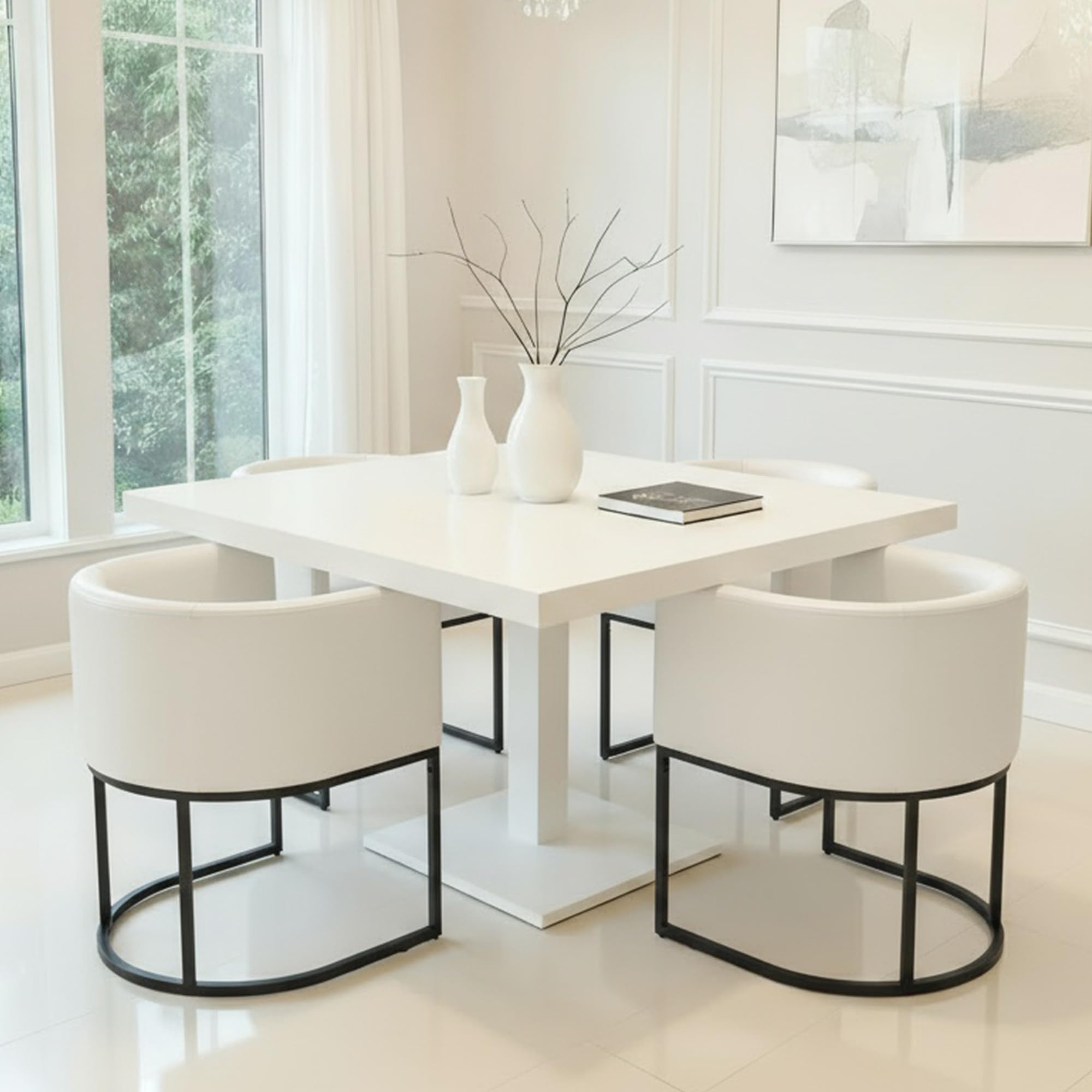 HNY Mid Century Modern Upholstered Barrel Dining Chairs with Arms Set of 4, Leather Kitchen &amp; Dining Room Chairs, 18.5" Wide Accent Chairs for Dining Room Living Room with Black Metal Frame, White