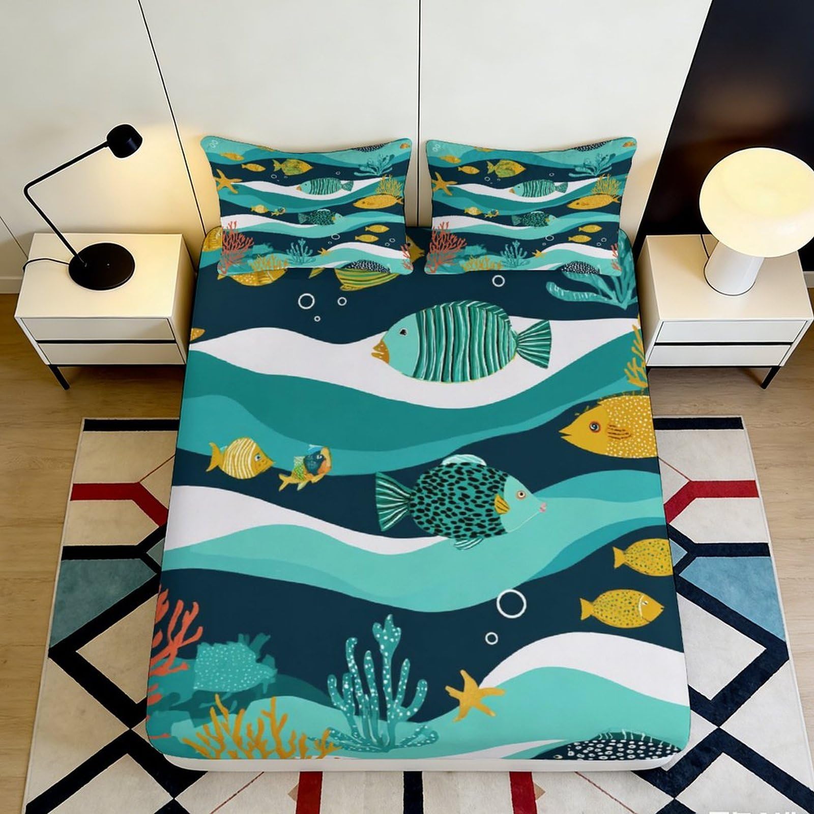 3D Printed Ocean Fish Fitted Sheet Microfiber Soft Breathable Underwater Mattress Cover for Bedroom Dorm Decor 90x200x25cm