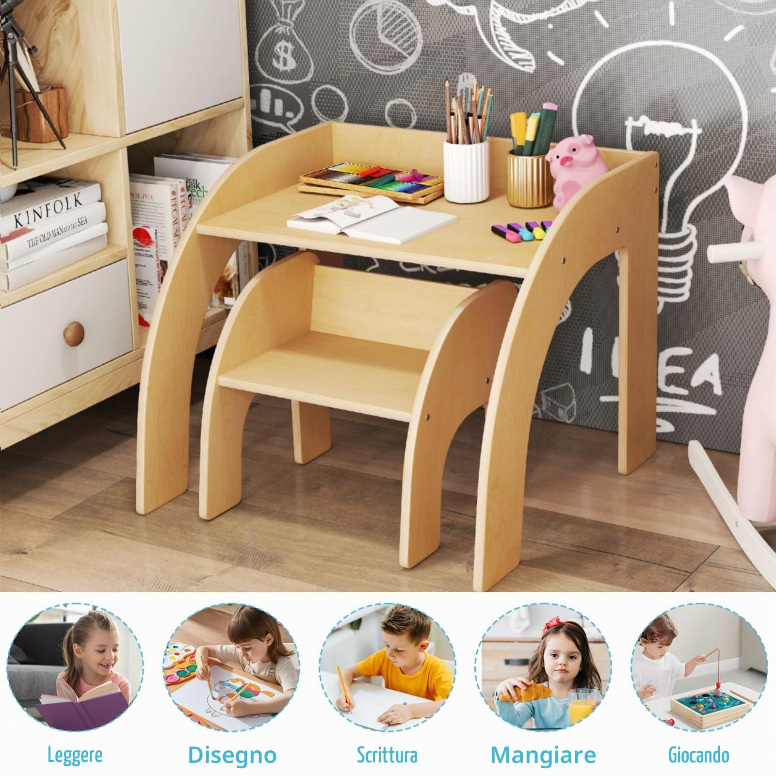 LIFEZEAL Tavolino Bambini, in Legno, tavolino e sedie per bambini, con Angolo Rotondo Liscio e Sponde Allargate, Tavolo Bimbi, per Cameretta e Scuola dell'Infanzia, Adatto Tre anni+ (naturale)