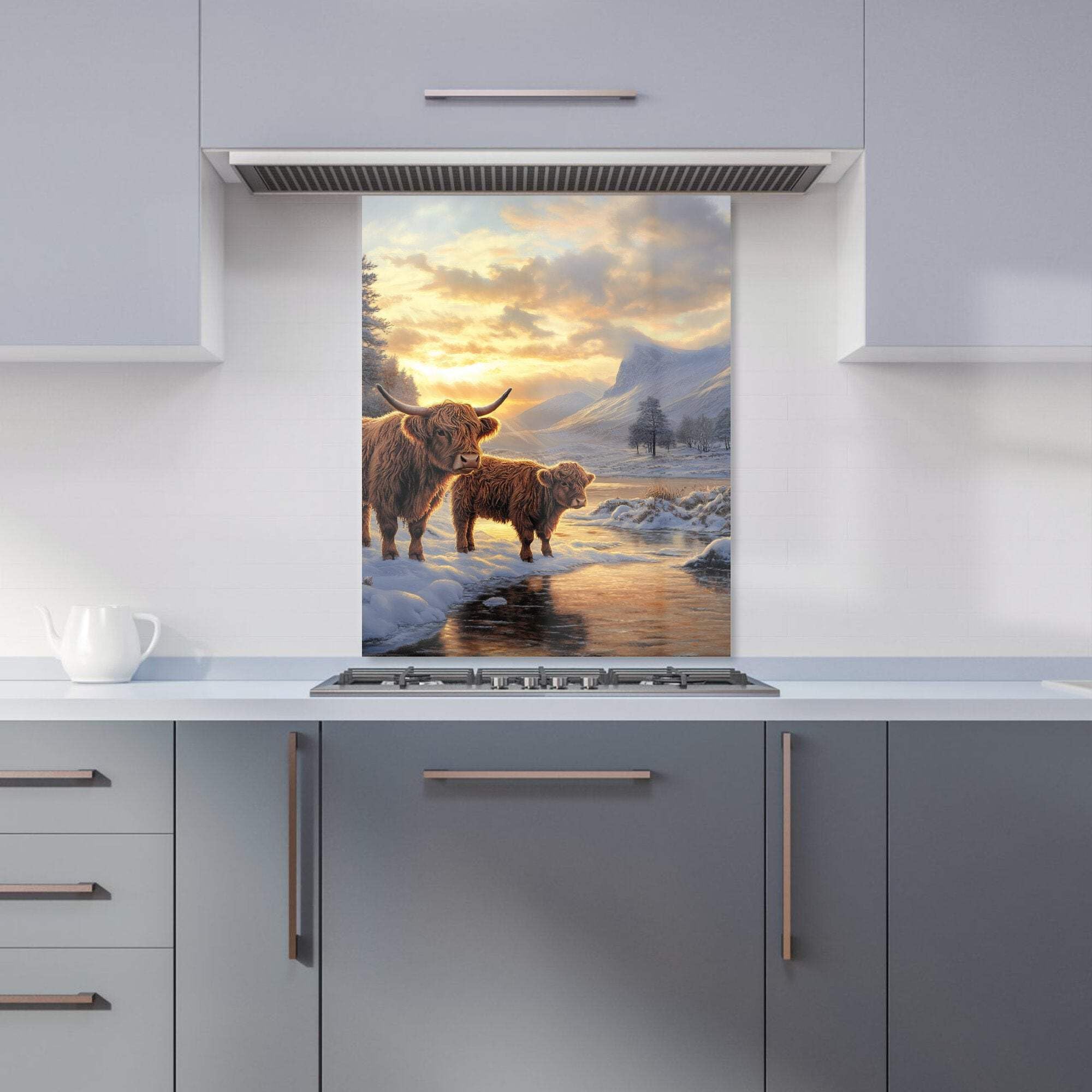 Rackhams - Designer Highland Cows By The Lake Kitchen Splashback - W600mm X H750mm