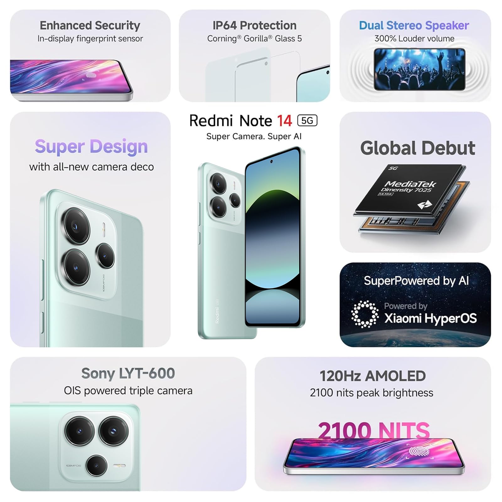 XIAOMI Redmi Note 14 5G da 6,67 pollici, 8GB+256GB, viola, 1080x2400 pixel, capacità batteria 5110mAh, Mediatek Dimensity 7025 Ultra, fotocamera principale 108 MP, schermo AMOLED, Con il caricatore
