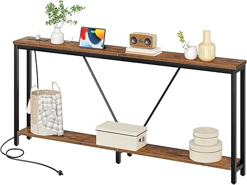 HOOBRO Mesa consola de sofá extra larga de 70.9 pulgadas con estación de carga, mesa de 2 niveles detrás del sofá con soporte en V, para entrada