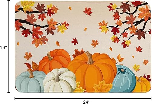 Miniatura 2 de Fall Thanksgiving Kitchen Bath Shower Door Welcome Mat,Washable Bedroom Living Room Bathroom Runner Rug Indoor Outdoor Doormat,Orange Teal Grey