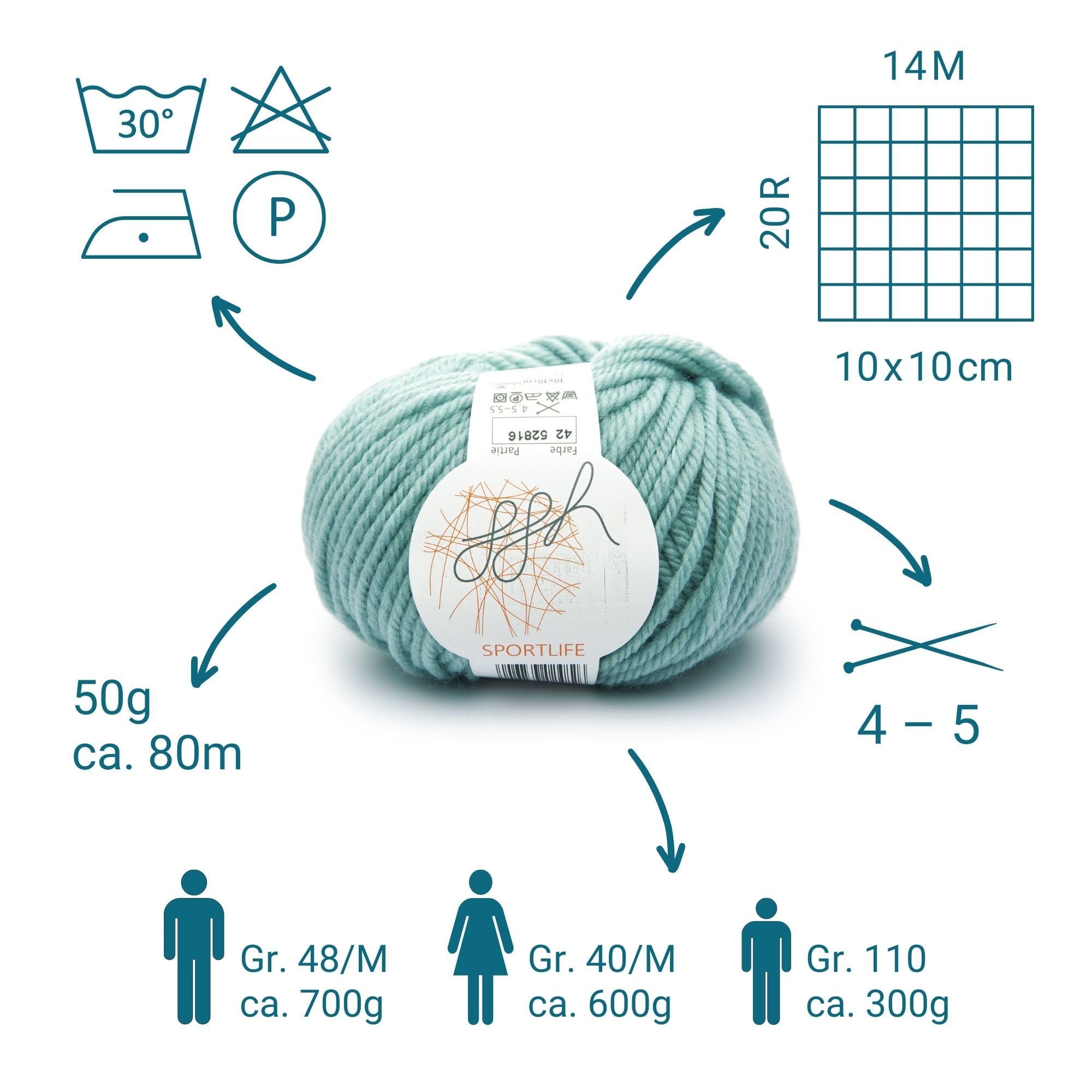 ggh Sportlife Box | zestaw 300 g (6 x 50 g) | 100% miękka wełna żywa z włókien naturalnych w wielu kolorach | kolor 042 – miętowa zieleń