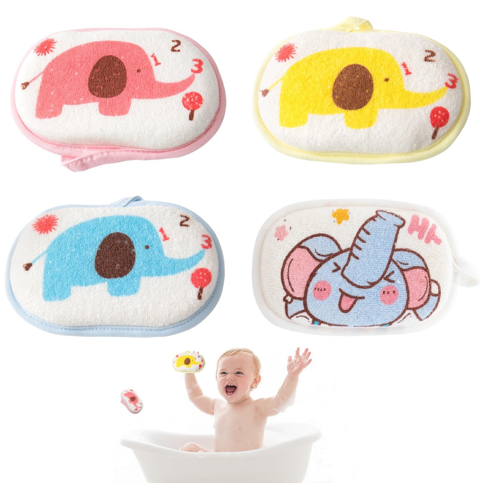 Set 4 Spugne Per Bagnetto Neonato - Con Stampa Elefante, Morbide E Riutilizzabili - Foto 9