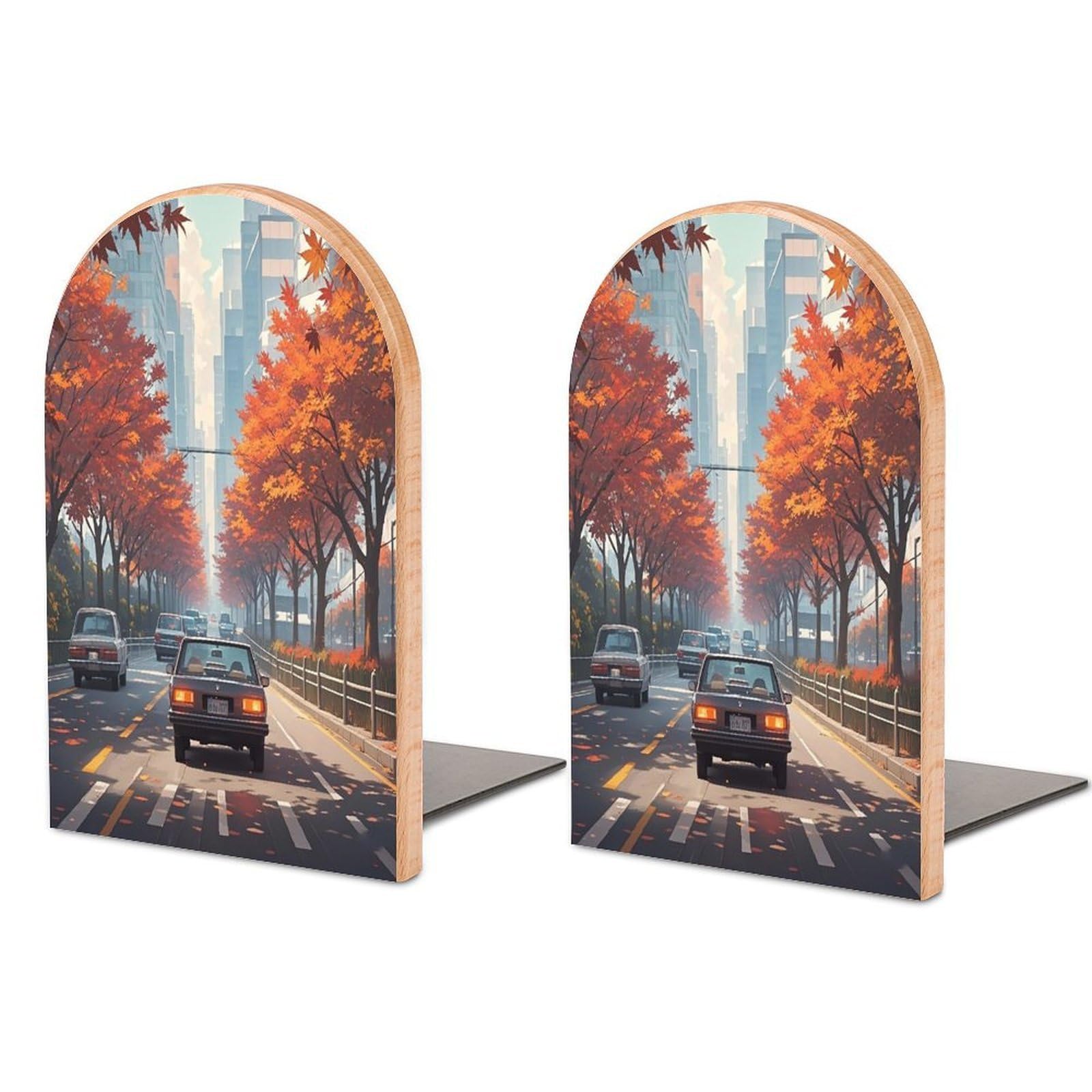 Red Maples on The Roadside Bookend for Shelves Unique Book End Sturdy Books Holder Heavy Duty Wooden Bookends Support Non-Slip Book Organizers Decorative Modern Bookend Holder for Home
