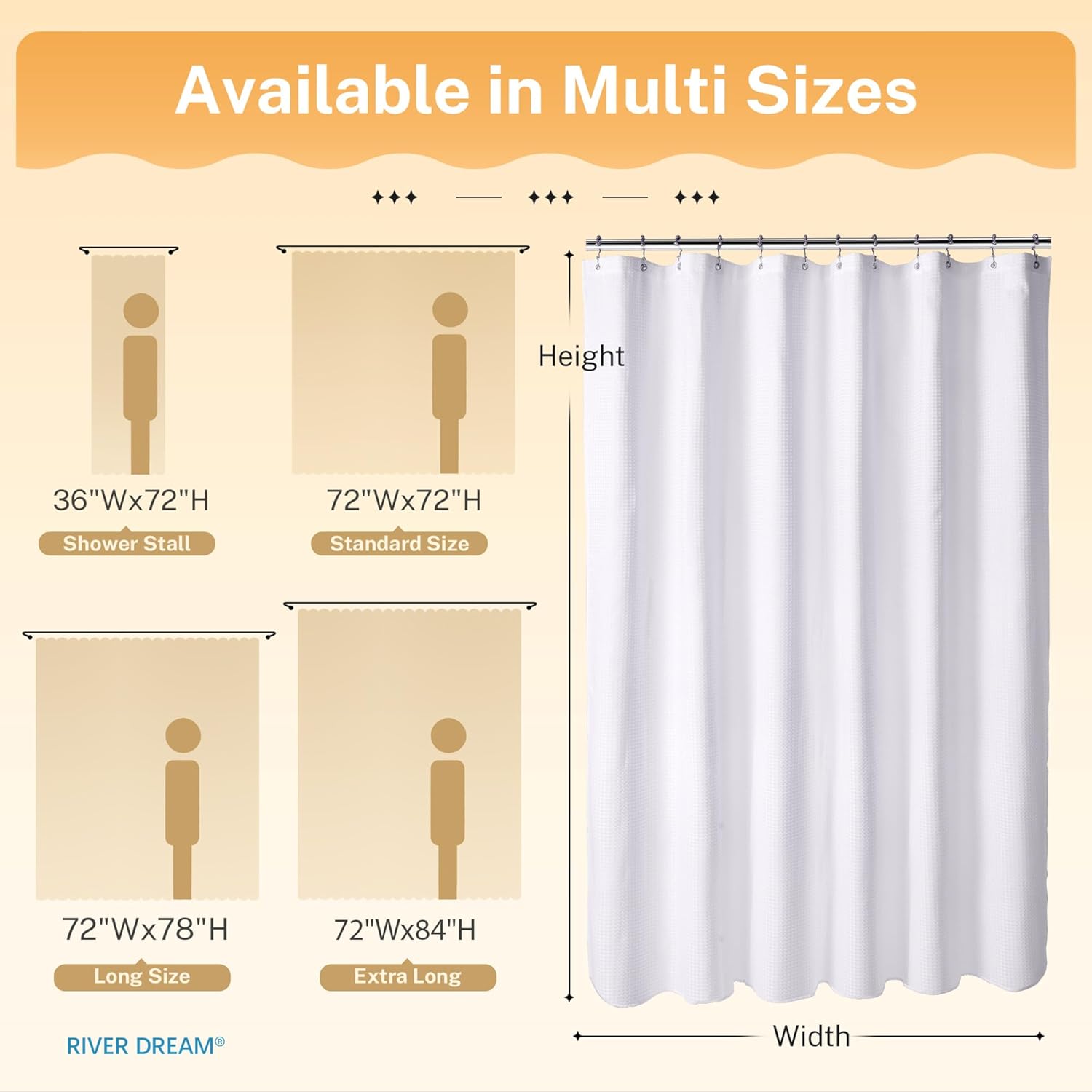 River Dream Waffle 3 in 1 Shower Curtain Set, White Fabric Shower Curtain and Clear Liner Set with Double Sided Hooks, Waterproof, 72" W*72" H