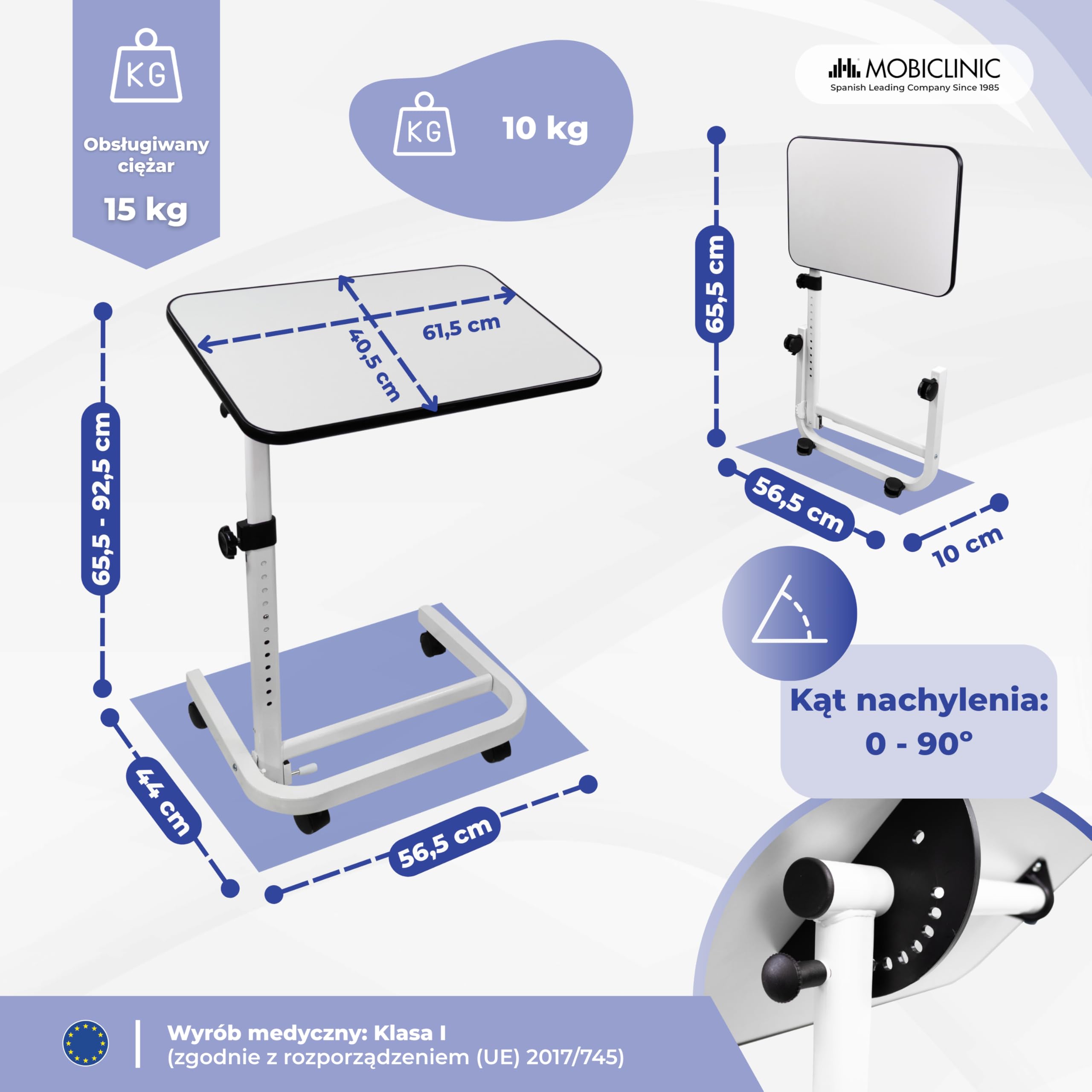 Mobiclinic®, Stolik Boczny, Składany, Regulowana Wysokość, Odchylany, do Komputera, Sofy, Łóżka, Obręcz Antypoślizgowa, Kółka 360º z Hamulcami, w Kształcie Litery C, Cumbre