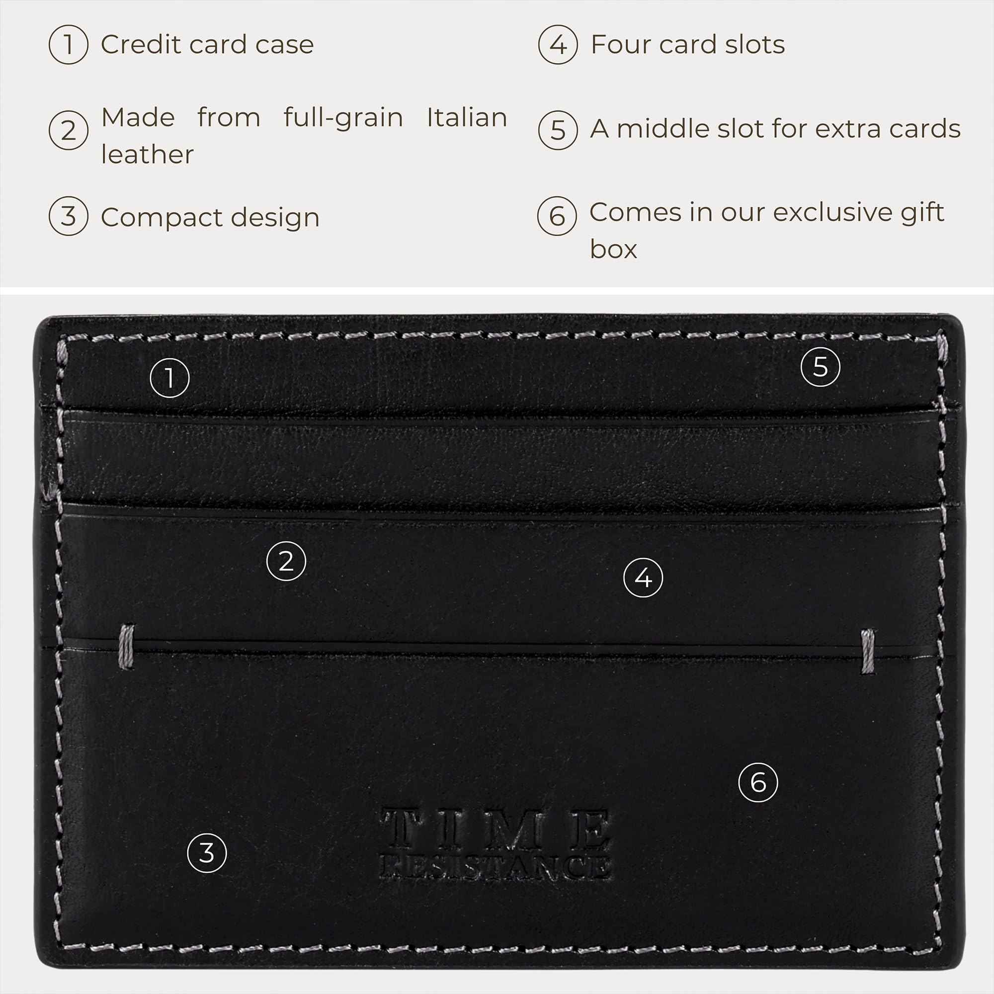 Time Resistance Porta Carte di Credito – Porta Biglietti da Visita in Pelle – Organizer per Carte Fatto a Mano in Italia (Nero)