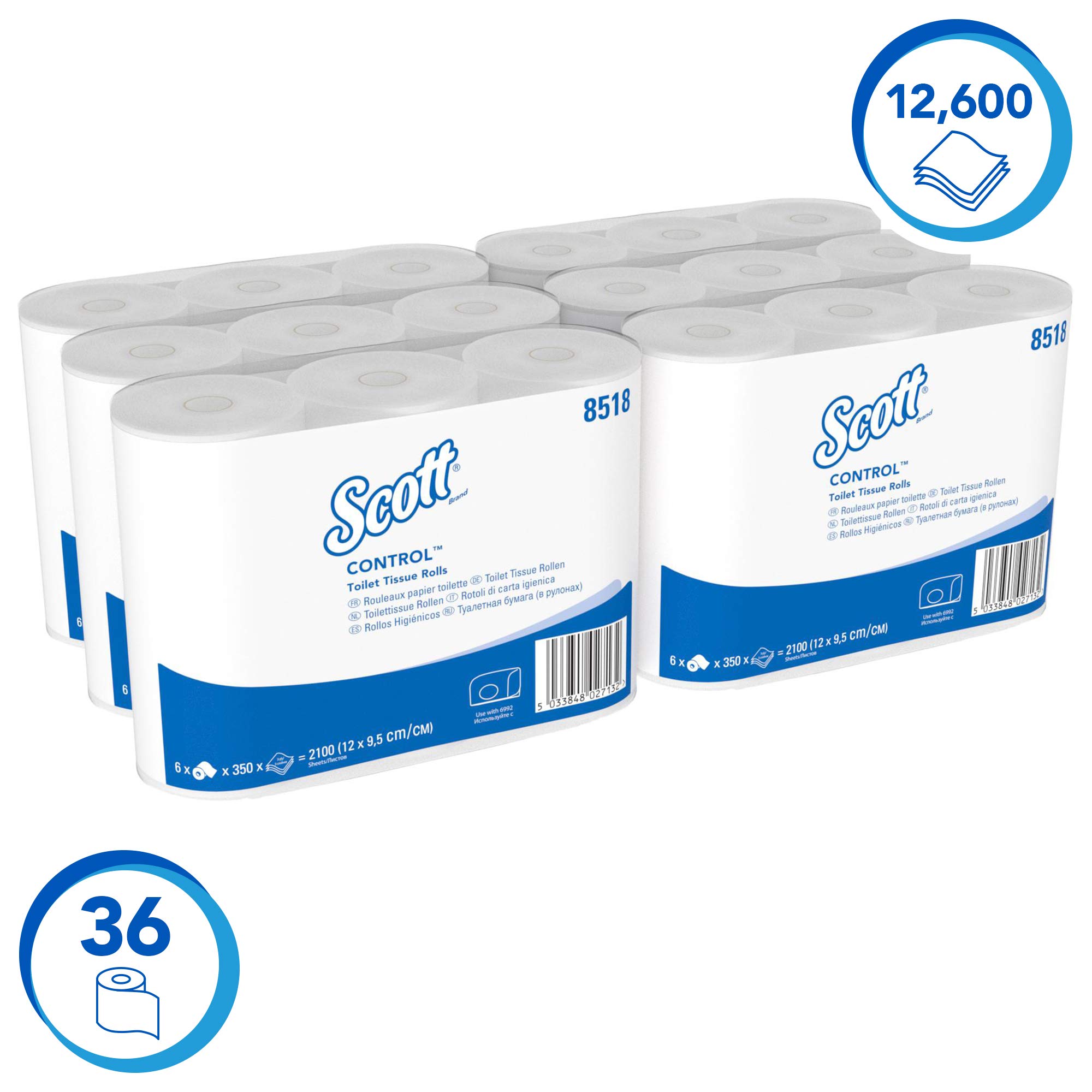 Scott Control Papel higiénico en rollo estándar 8518, Rollos de papel Higiénico blanco de 3 Capas, Certificado FSC, 36 rollos x 350 hojas(12.600 hojas)