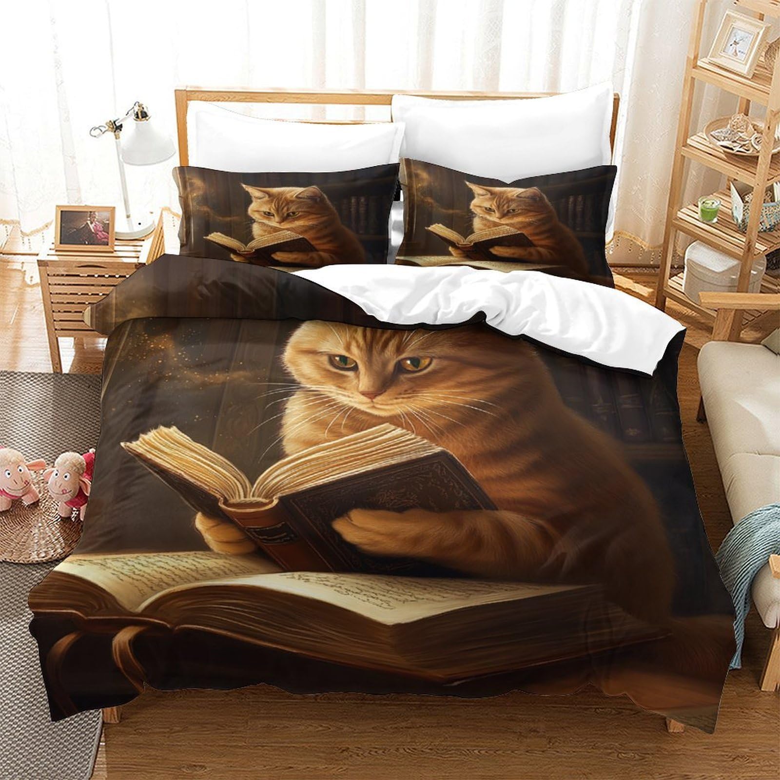 Leggere la fantasia dei gatti Impressione 3D 3 pz fodera per edredone Libresco felino capriccioso coperteletto microfibra ipoallergenica antiacari per bambini ragazze donne Double（200x200cm）