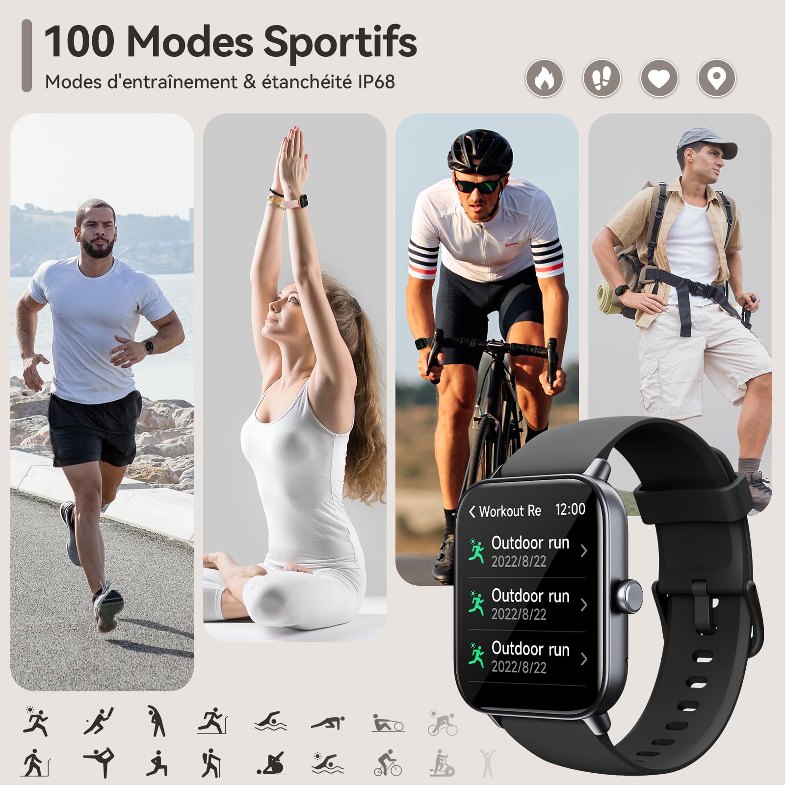 aeac Montre Connectée Homme Appel Bluetooth, Alexa intégrée 1.8" Smartwatch Moniteur de SpO2 Cardiofrequencemetre Sommeil, 100 Modes Sportifs Podometre Calories Etanche IP68 pour Android iOS, Noir