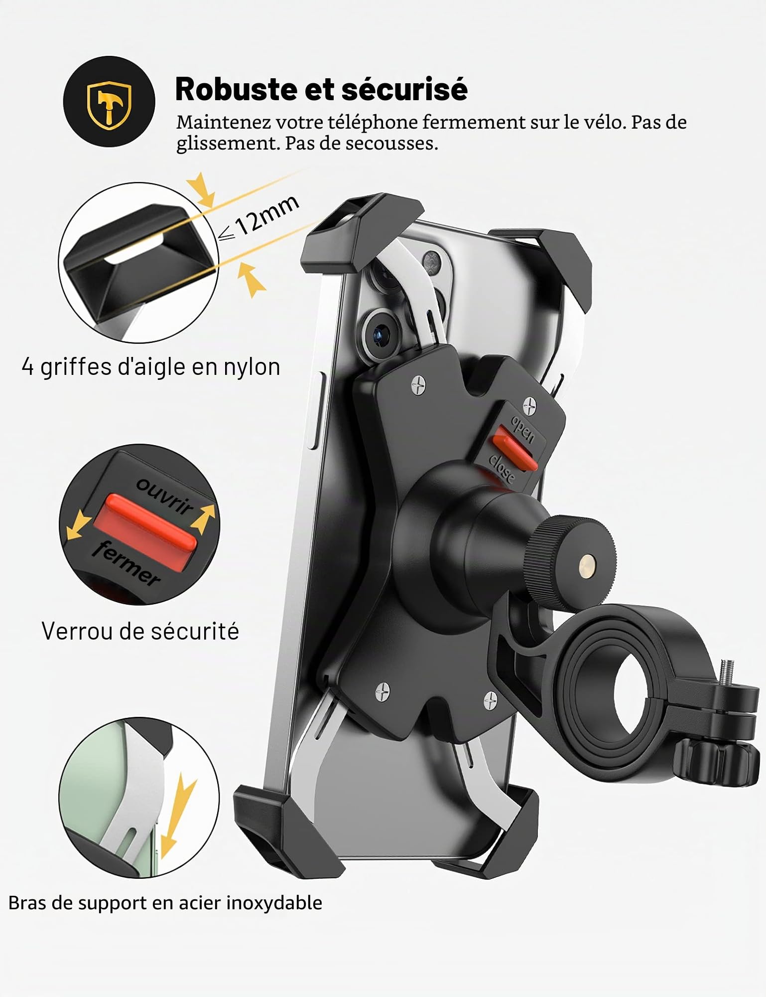 Grefay Support Téléphone Vélo Métal Suport Téléphone pour Moto Guidonavec Support Telephone Scooter 360° Rotation pour 4,5-6,8 Pouces Smartphones Samsung S10 S9 S8 S7 Huawei