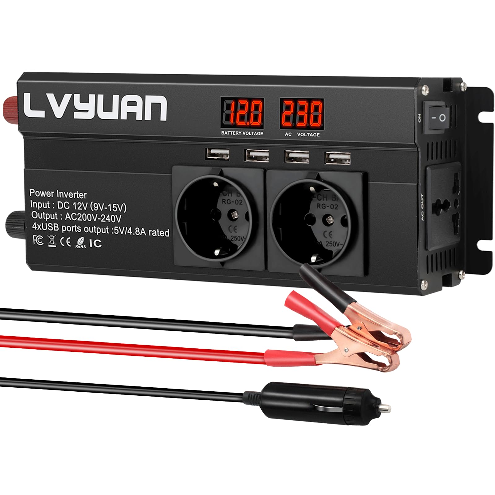 LVYUAN Convertisseur 12V à 220V 800W/1600W Onduleur avec 4 Ports USB, 3 AC et 2 LED Display