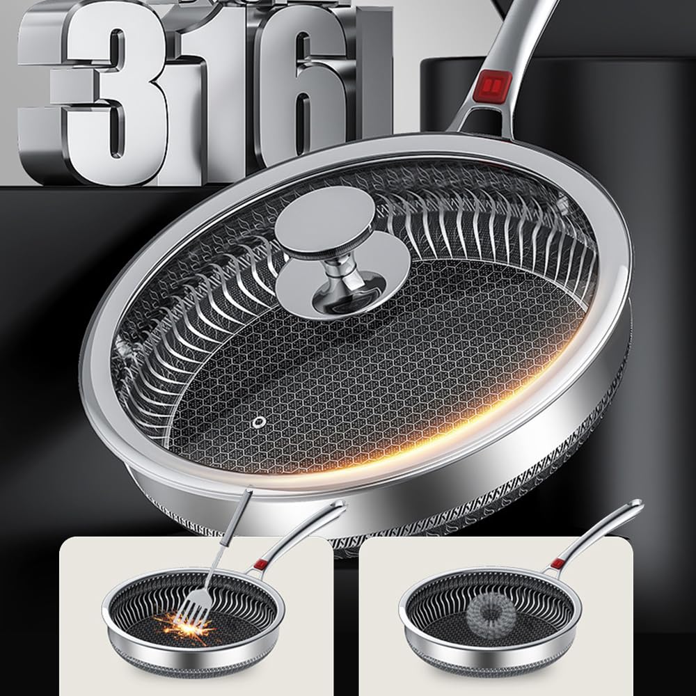 10", Non Stick Frying Pans 12 inch Stainless Steel Frying Pan with Lid Scratch-Resistant Coating Skillets Dishwasher & Oven Safe Induction Compatible Cookware/11"