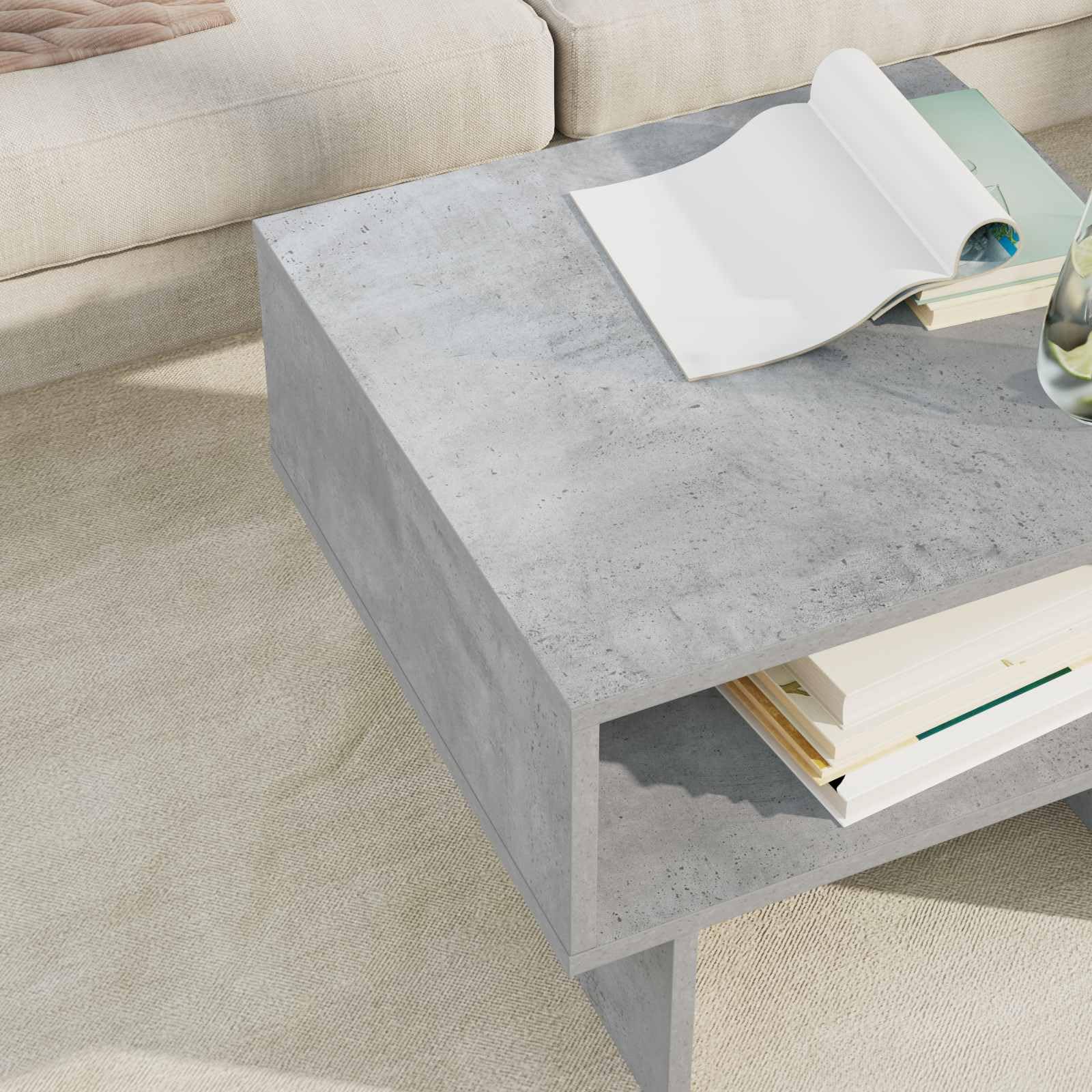 Tavolino da salotto grigio cemento, 48 x 46 x 35 cm, in legno con vano portaoggetti, scaffale, tavolino, design moderno, struttura stabile, facile montaggio, ideale per soggiorno, salotto