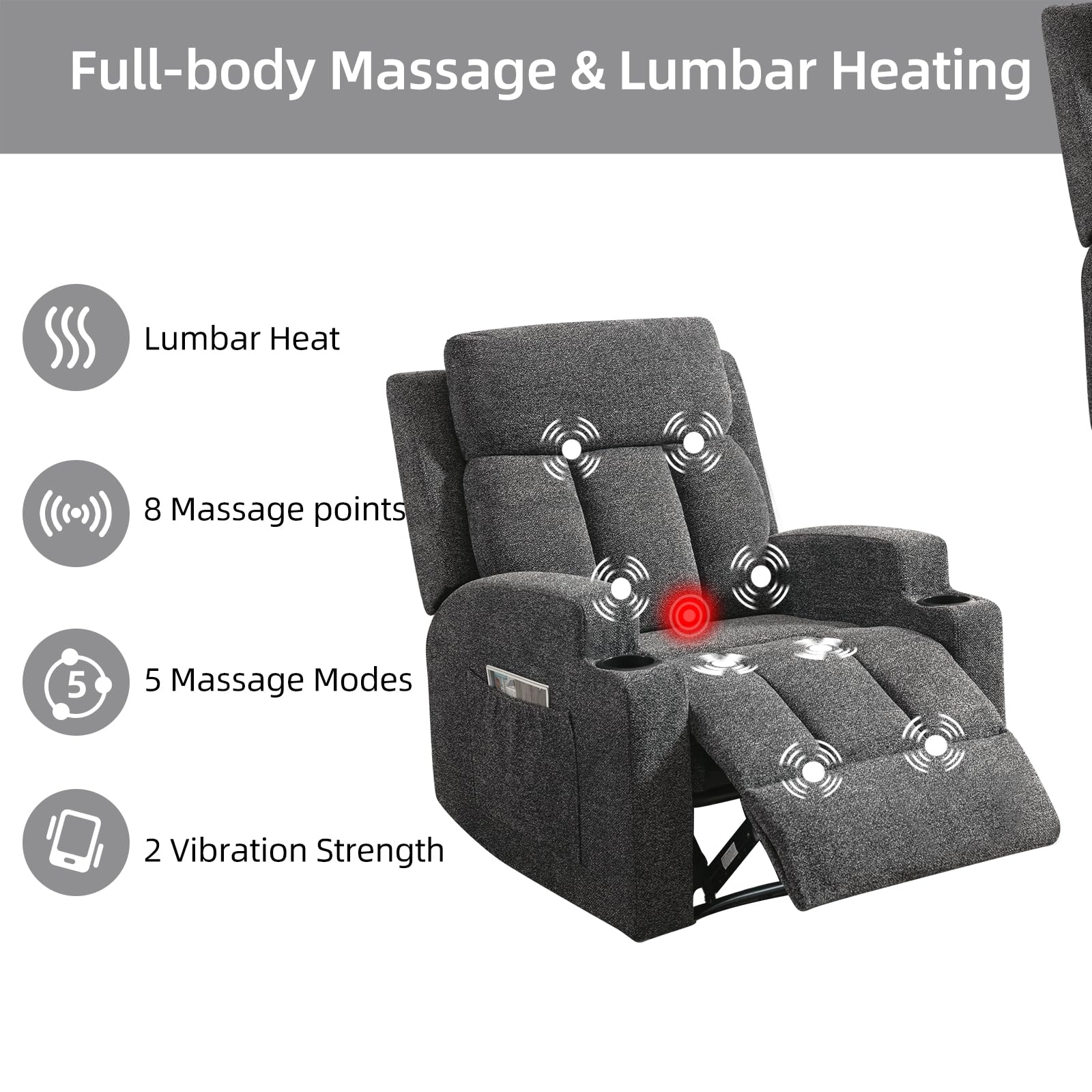 CANMOV Manual Recliner Sofa Set, Fabric Recliner Living Room Furniture Sets, 1 Seat Reclining Chair and a Loveseat Furniture Set with Side Pockets and Cup Holders, Dark Grey view 6