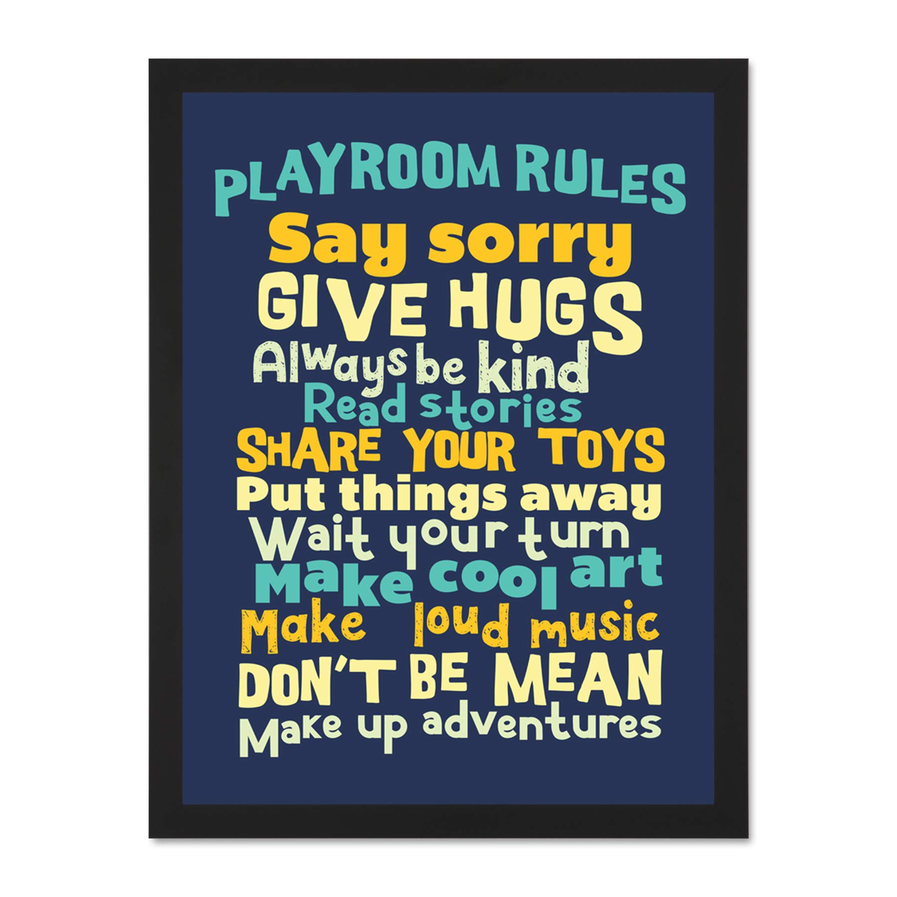 Kids Playroom Rules Fun Blue Large Framed Art Print Poster Wall Decor 18x24 inch