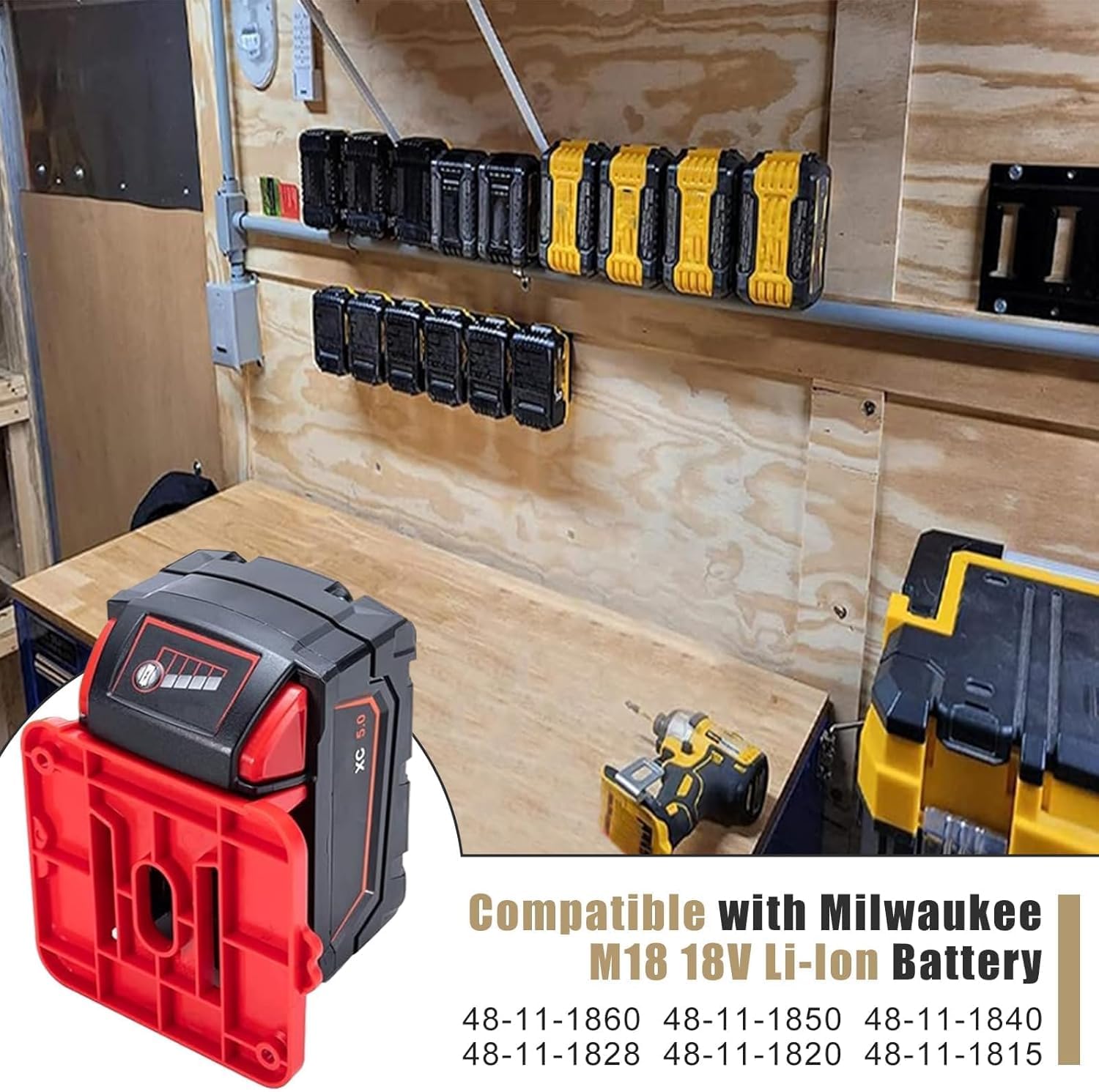 Lot de 8 Supports Batterie pour Milwaukee M18 18V, Porte-Batterie Mural | Compatible avec batteries Milwaukee M18 48-11-1815/1828/1850/1860, idéal pour murs, établis et coffres à outils