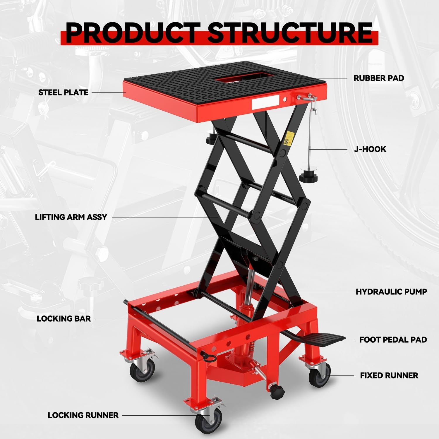 Auto Dynasty Heavy Duty Hydraulic Motorcycle Lift Jack Table Bike ATV Motorcycle Bike Foot Operated Scissor Stand Lifts Hoist, 300lbs Capacity, Lifting Range 13.7" to 34", Red